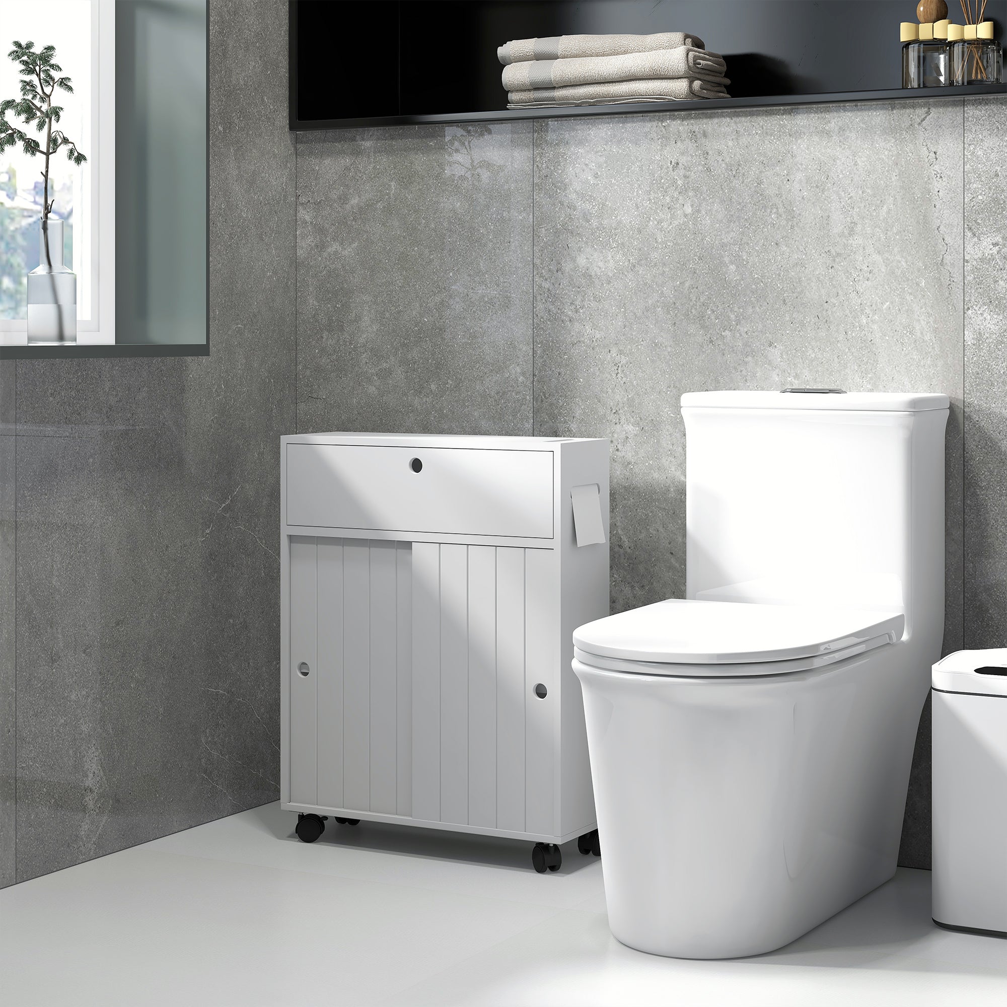 Slim Bathroom Cabinet, Modern Narrow Bathroom Storage Cabinet with 4 Rolling Wheels and Paper Holes, White