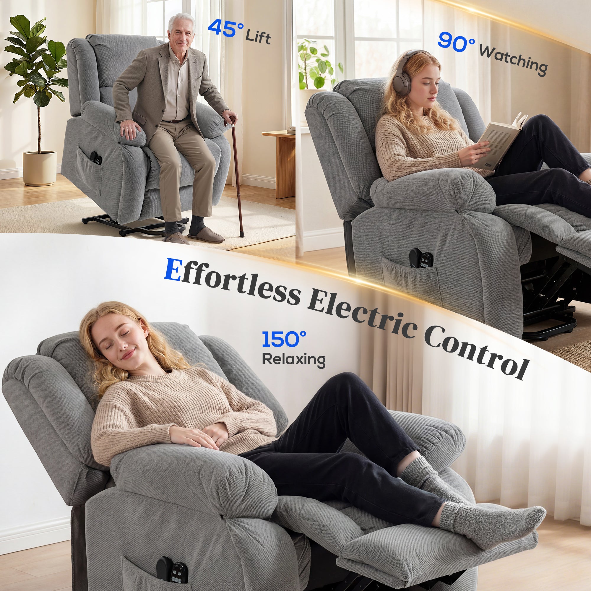 Recliner Armchair Lift Chair with Vibration Massage and Heat, Velvet-feel Fabric Electric Riser Recliner Chair for Elderly with Wide Seat, USB Port, Side Pockets for Living Room, Light Grey