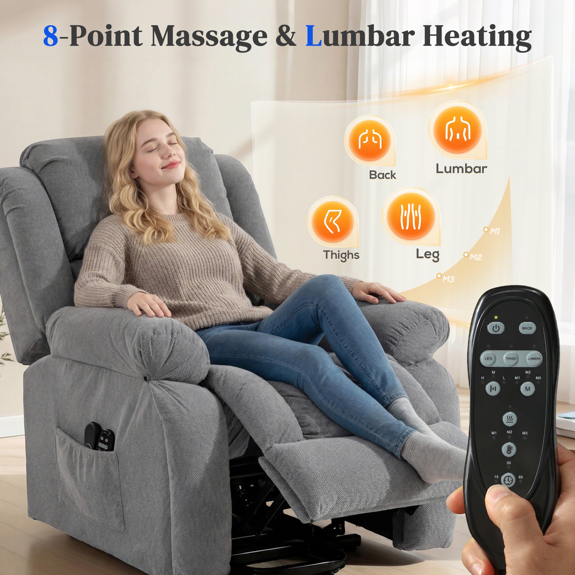Recliner Armchair Lift Chair with Vibration Massage and Heat, Velvet-feel Fabric Electric Riser Recliner Chair for Elderly with Wide Seat, USB Port, Side Pockets for Living Room, Light Grey