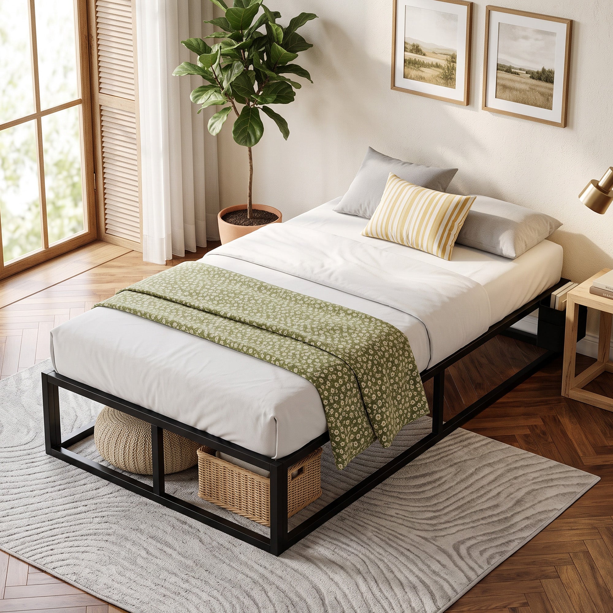3ft Single Bed Frame with Storage Bag, 12 Slats Metal Platform Bed Frame, Mattress Foundation, Noise-Reducing centre Bar and Anti-Slip Pads, Wood Slat Support, Strong Support, Black