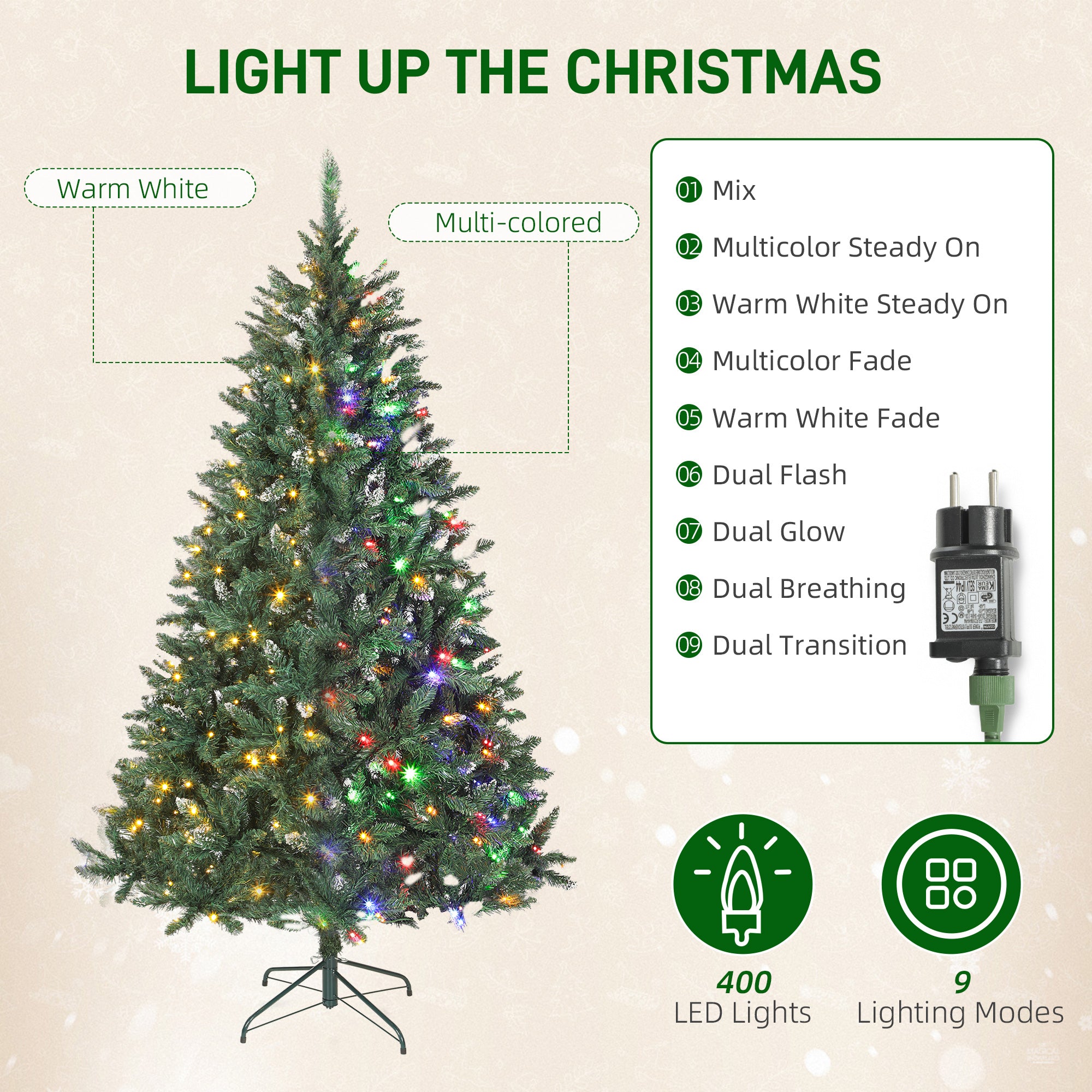 7 ft Prelit Frosted Christmas Tree, Full Spruce Holiday Decor with Dual Colour LED Light, Dense Branches, 9 Light Modes, Hinged Xmas Tree with Metal Stand, Easy Assembly