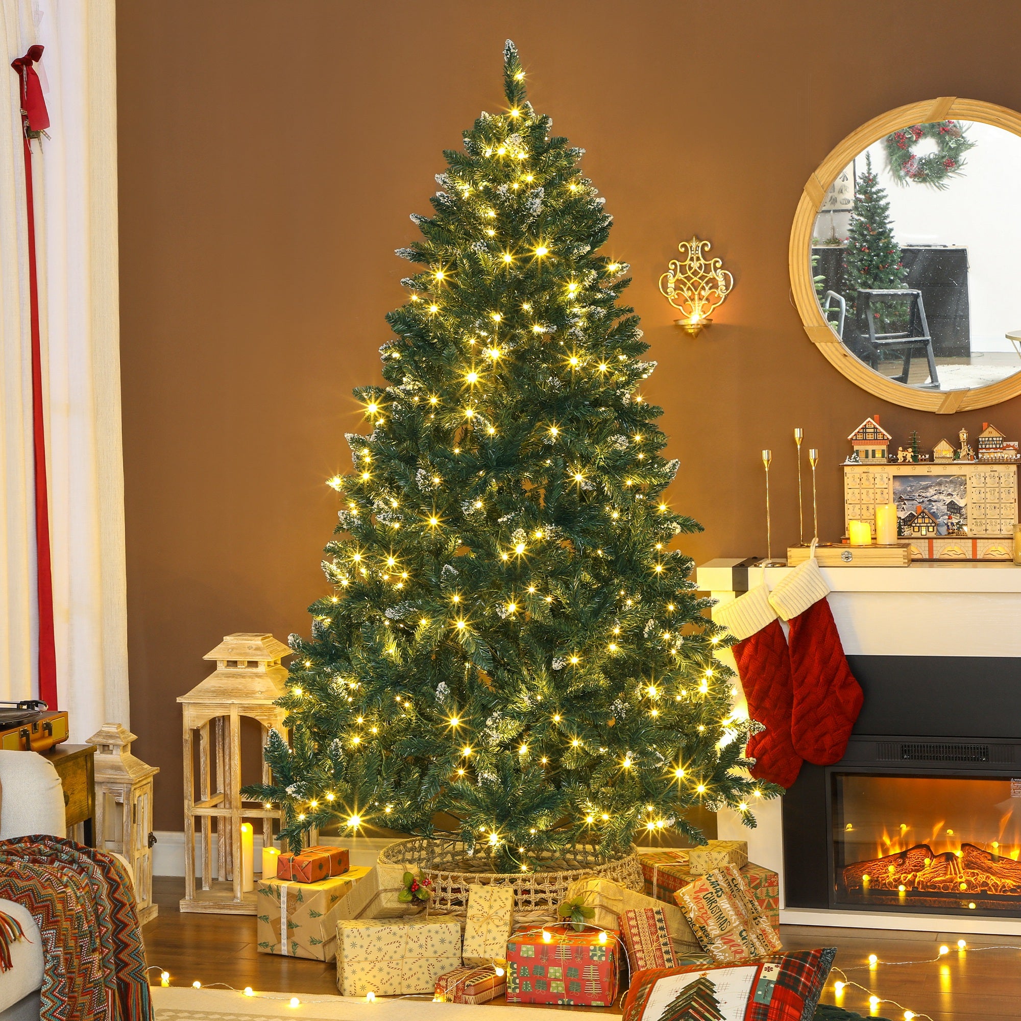 7 ft Prelit Frosted Christmas Tree, Full Spruce Holiday Decor with Dual Colour LED Light, Dense Branches, 9 Light Modes, Hinged Xmas Tree with Metal Stand, Easy Assembly