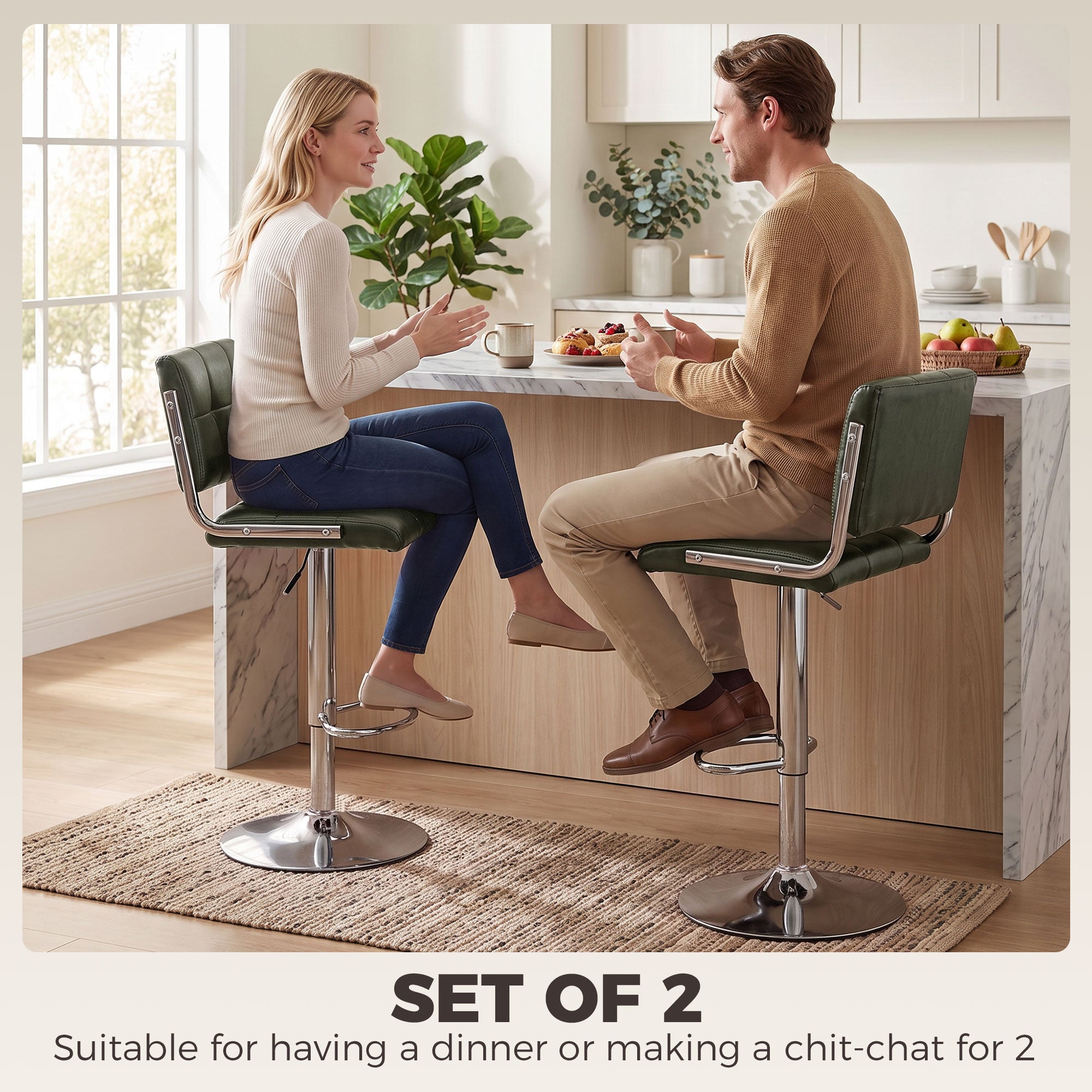 Breakfast Bar Stools Set of 2, Modern PU Leather Swivel BarStools, Adjustable Counter Height Bar Chairs with Backrest and Footrest for Kitchen Island, Dining Room, Bar, Green
