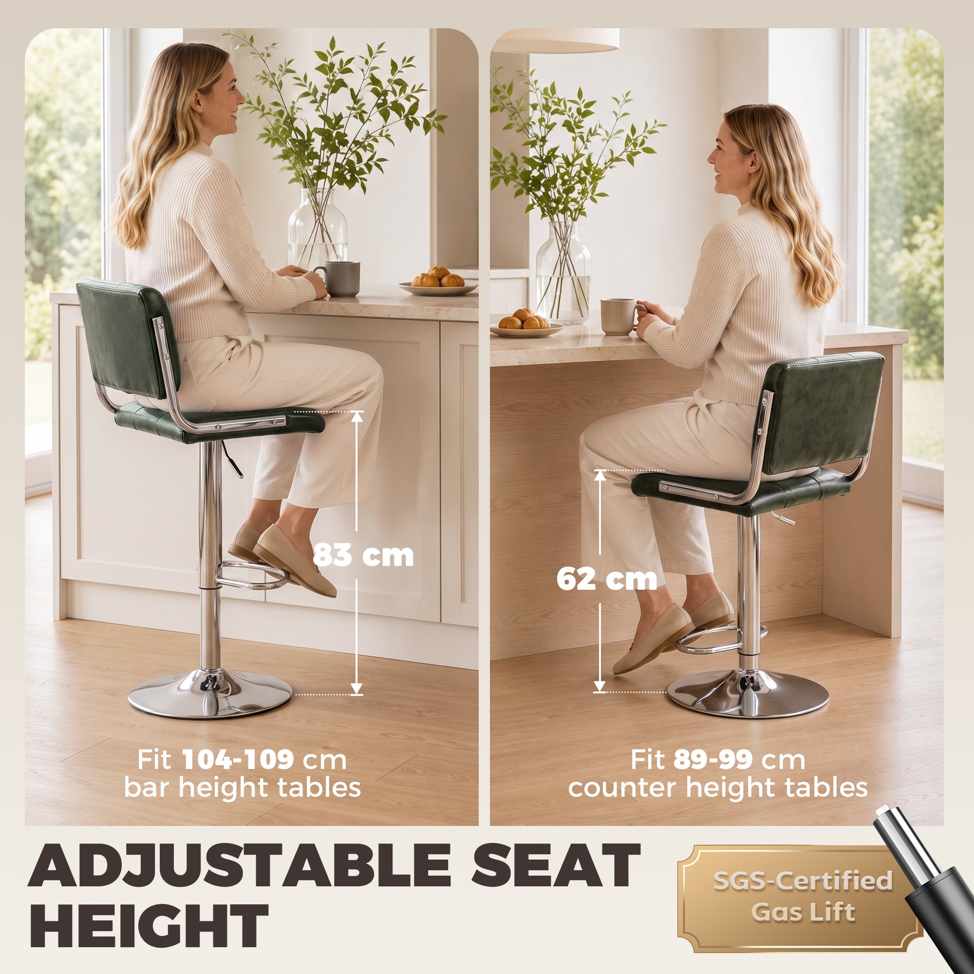 Breakfast Bar Stools Set of 2, Modern PU Leather Swivel BarStools, Adjustable Counter Height Bar Chairs with Backrest and Footrest for Kitchen Island, Dining Room, Bar, Green