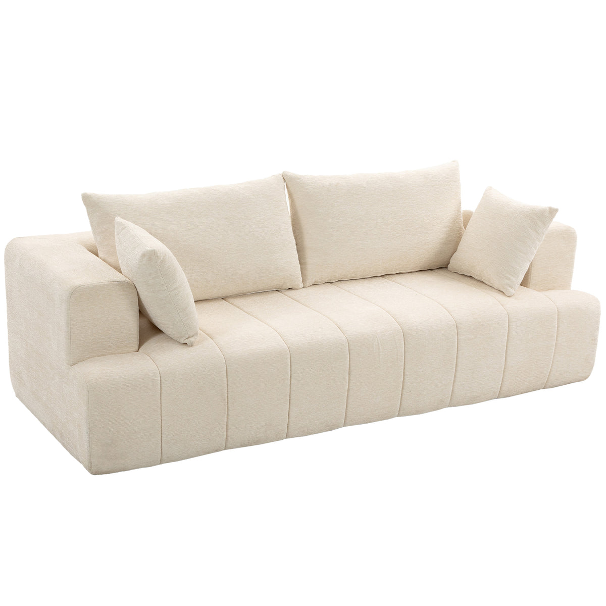3 Seater Sofa, Chenille Boneless Cloud Couch with Thick Spring Cushion, Wide and Deep Seat, Wide Armrests, 2 Pillows, Anti-Slip Bottom, Modern Sofa Settee for Living Room, Beige