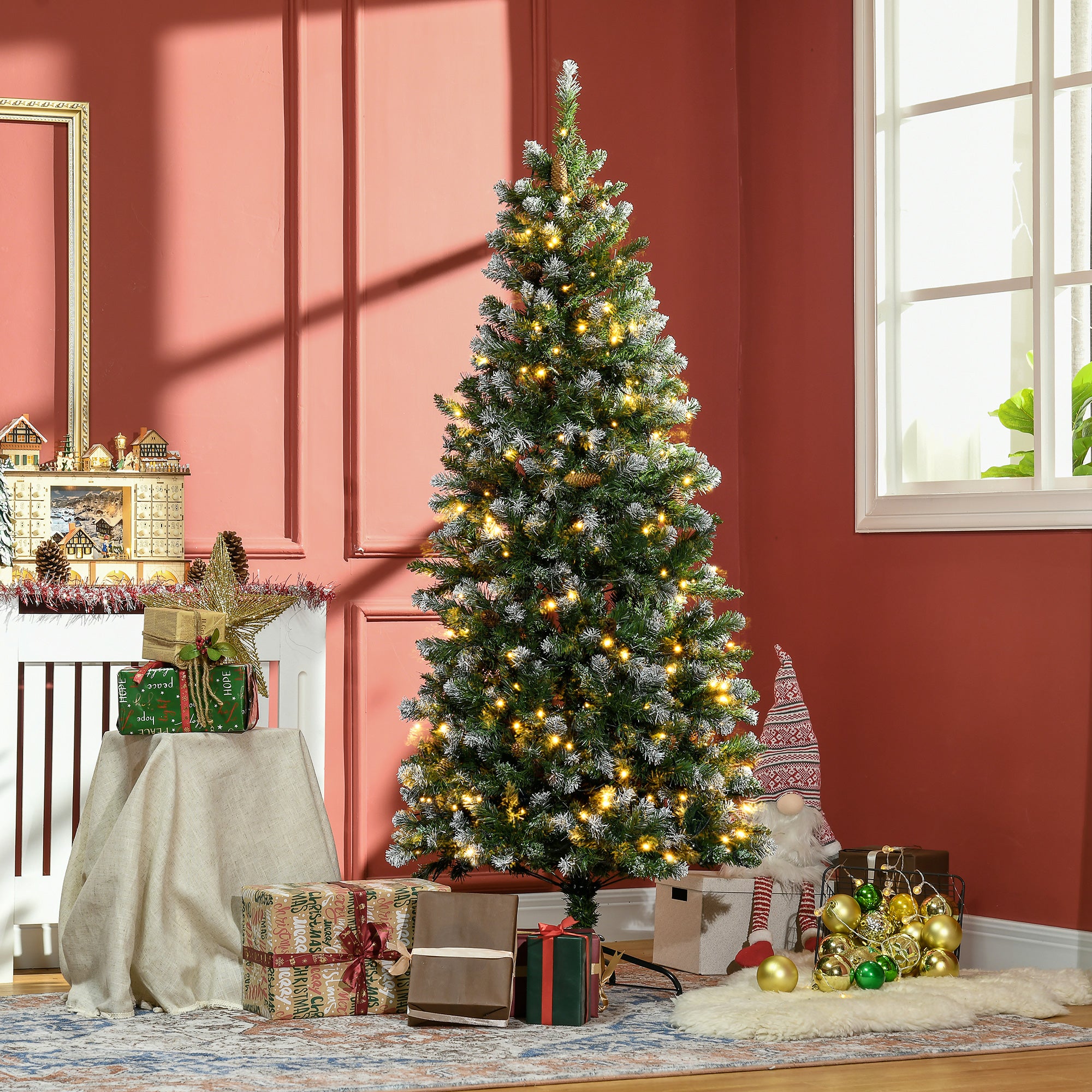 HOMCOM 6ft Slim Prelit Artificial Christmas Tree with Snow-dipped Branches, LED Lights, Colourful Powder, Green
