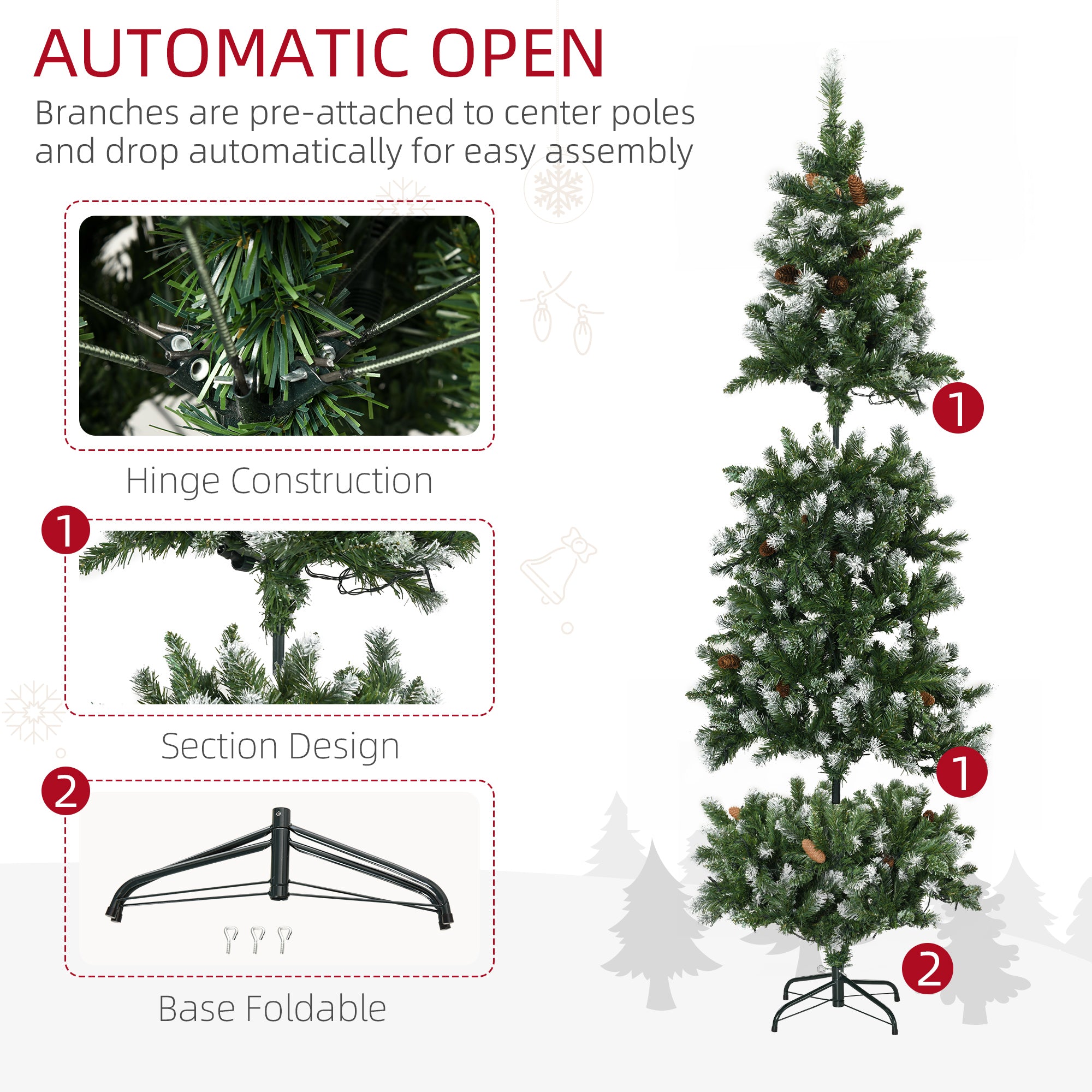 HOMCOM 6ft Slim Prelit Artificial Christmas Tree with Snow-dipped Branches, LED Lights, Colourful Powder, Green