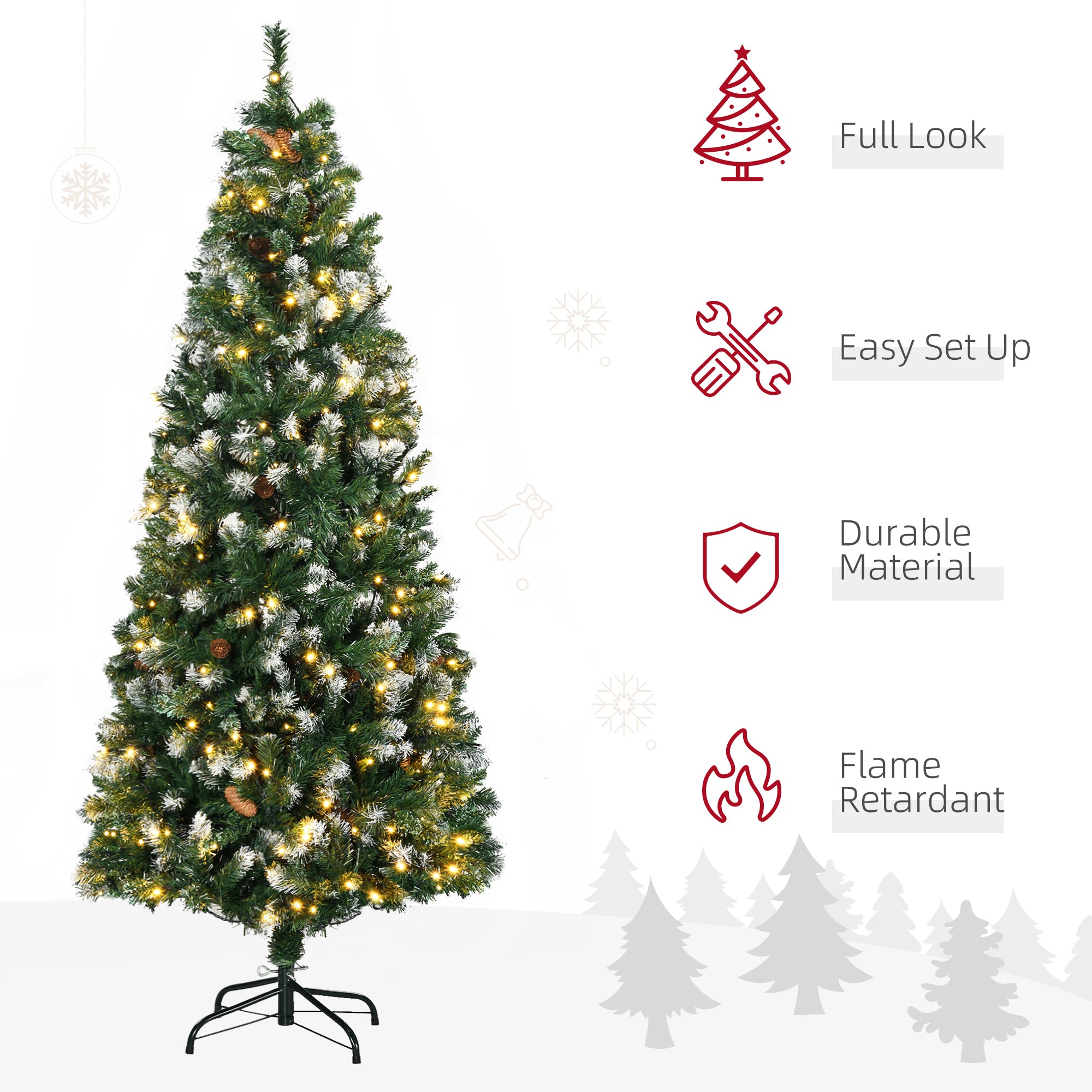 HOMCOM 6ft Slim Prelit Artificial Christmas Tree with Snow-dipped Branches, LED Lights, Colourful Powder, Green