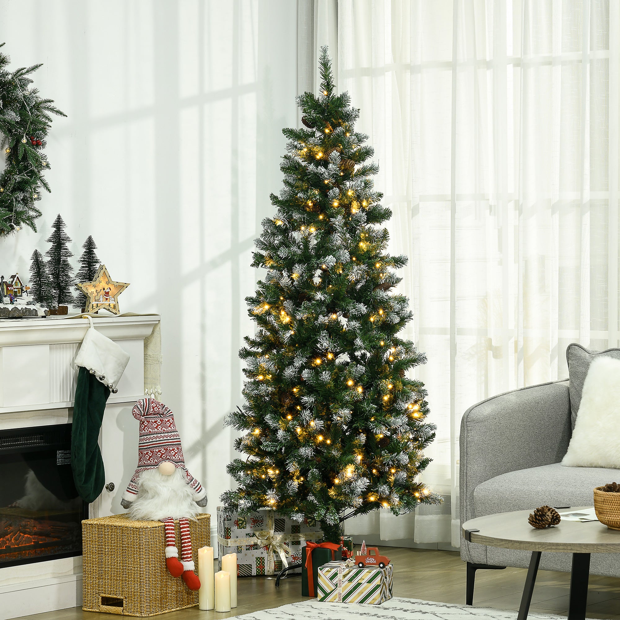 HOMCOM 6ft Slim Prelit Artificial Christmas Tree with Snow-dipped Branches, LED Lights, Colourful Powder, Green