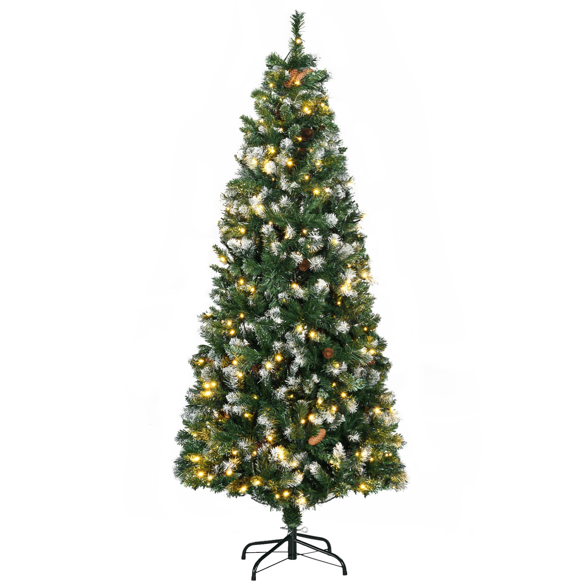 HOMCOM 6ft Slim Prelit Artificial Christmas Tree with Snow-dipped Branches, LED Lights, Colourful Powder, Green