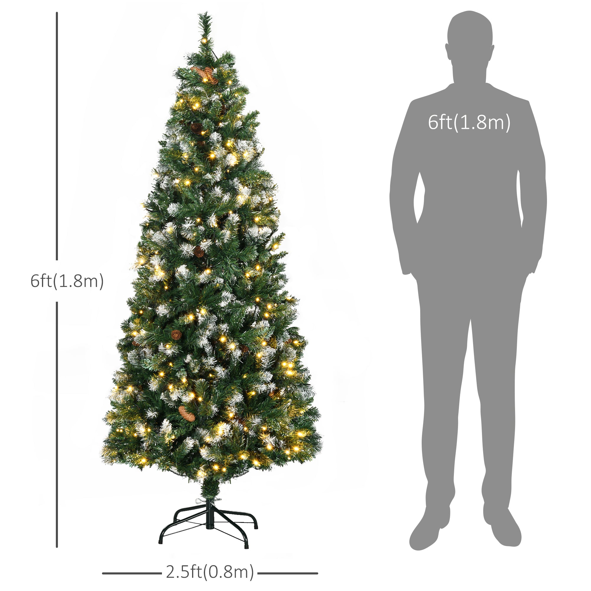 HOMCOM 6ft Slim Prelit Artificial Christmas Tree with Snow-dipped Branches, LED Lights, Colourful Powder, Green