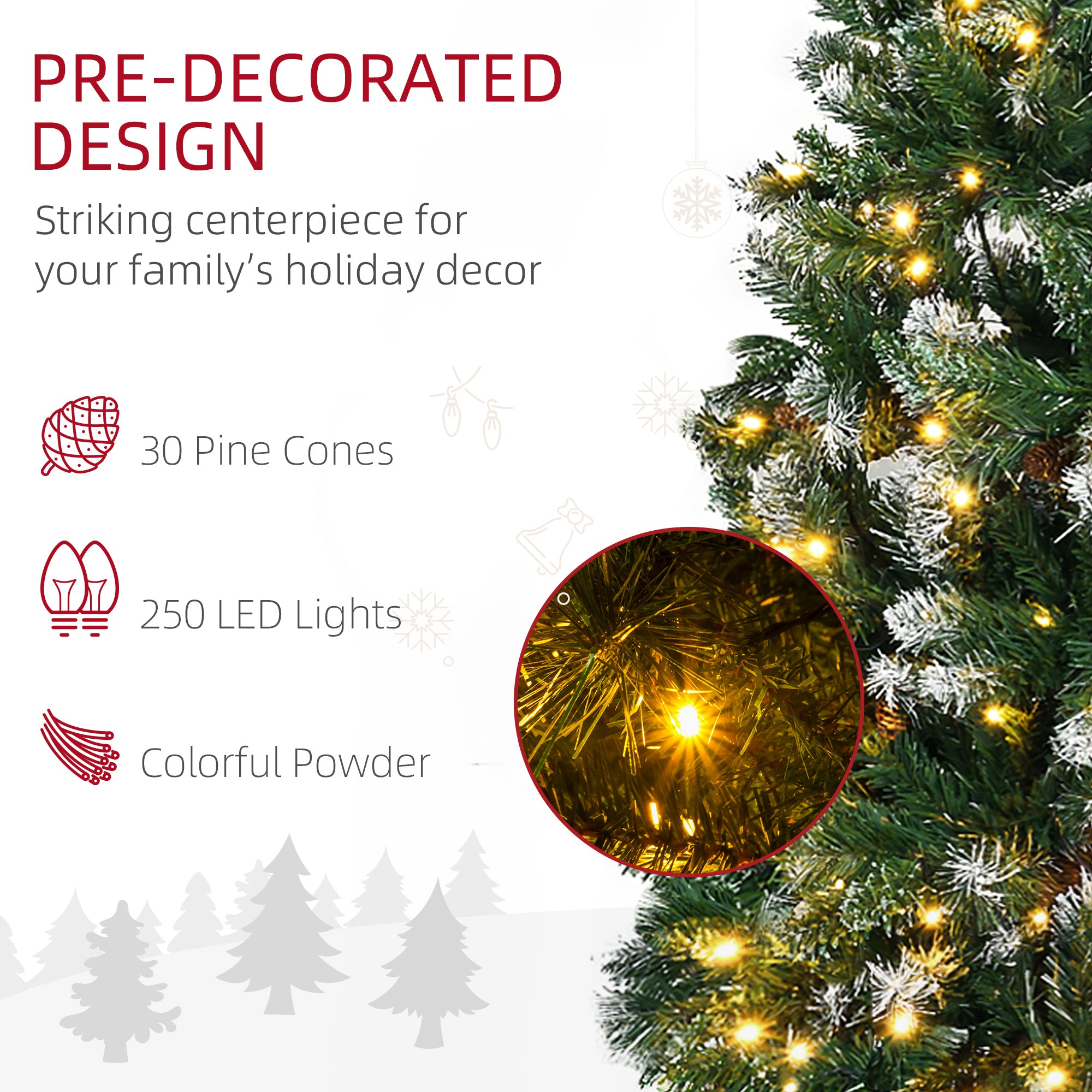 HOMCOM 6ft Slim Prelit Artificial Christmas Tree with Snow-dipped Branches, LED Lights, Colourful Powder, Green