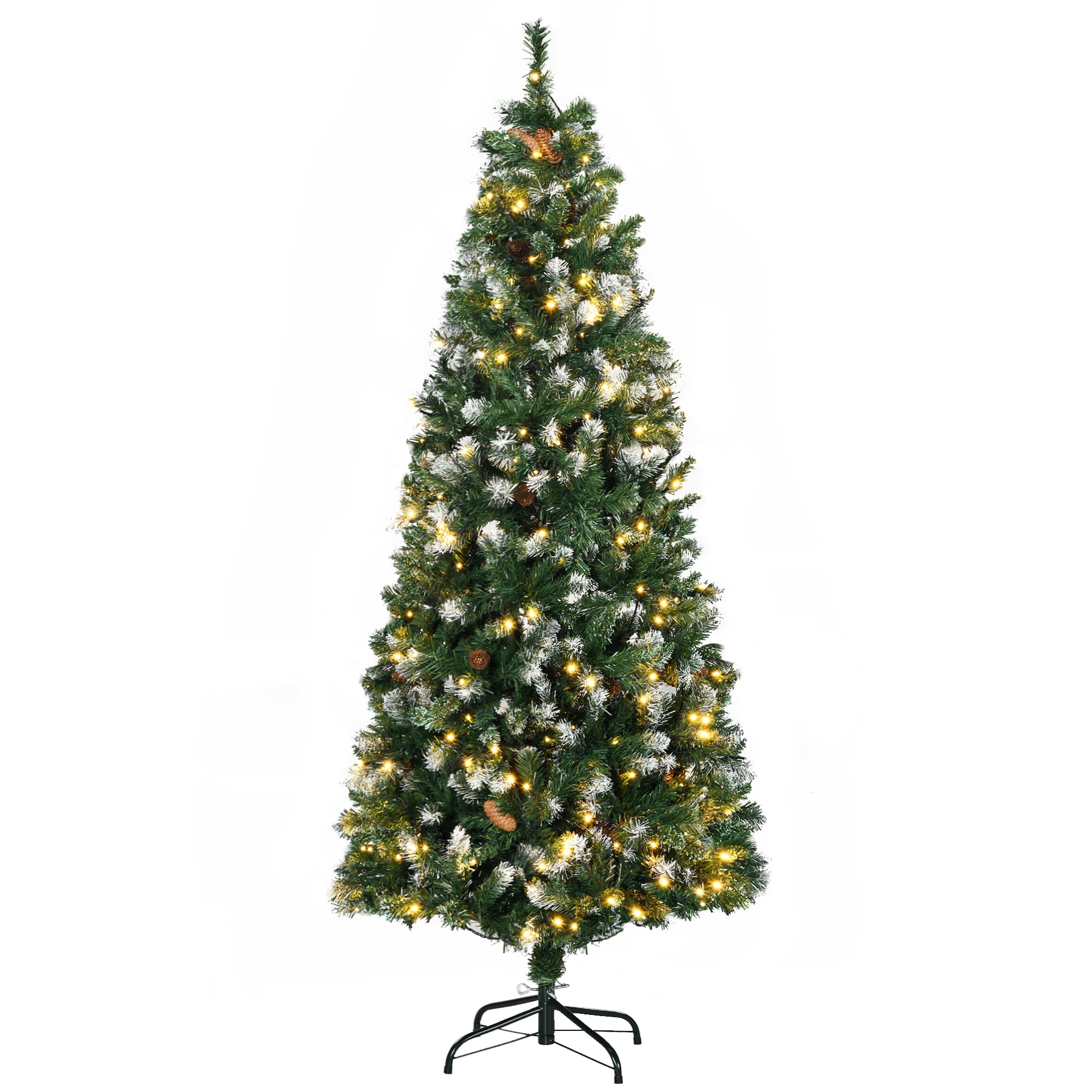 HOMCOM 6ft Slim Prelit Artificial Christmas Tree with Snow-dipped Branches, LED Lights, Colourful Powder, Green