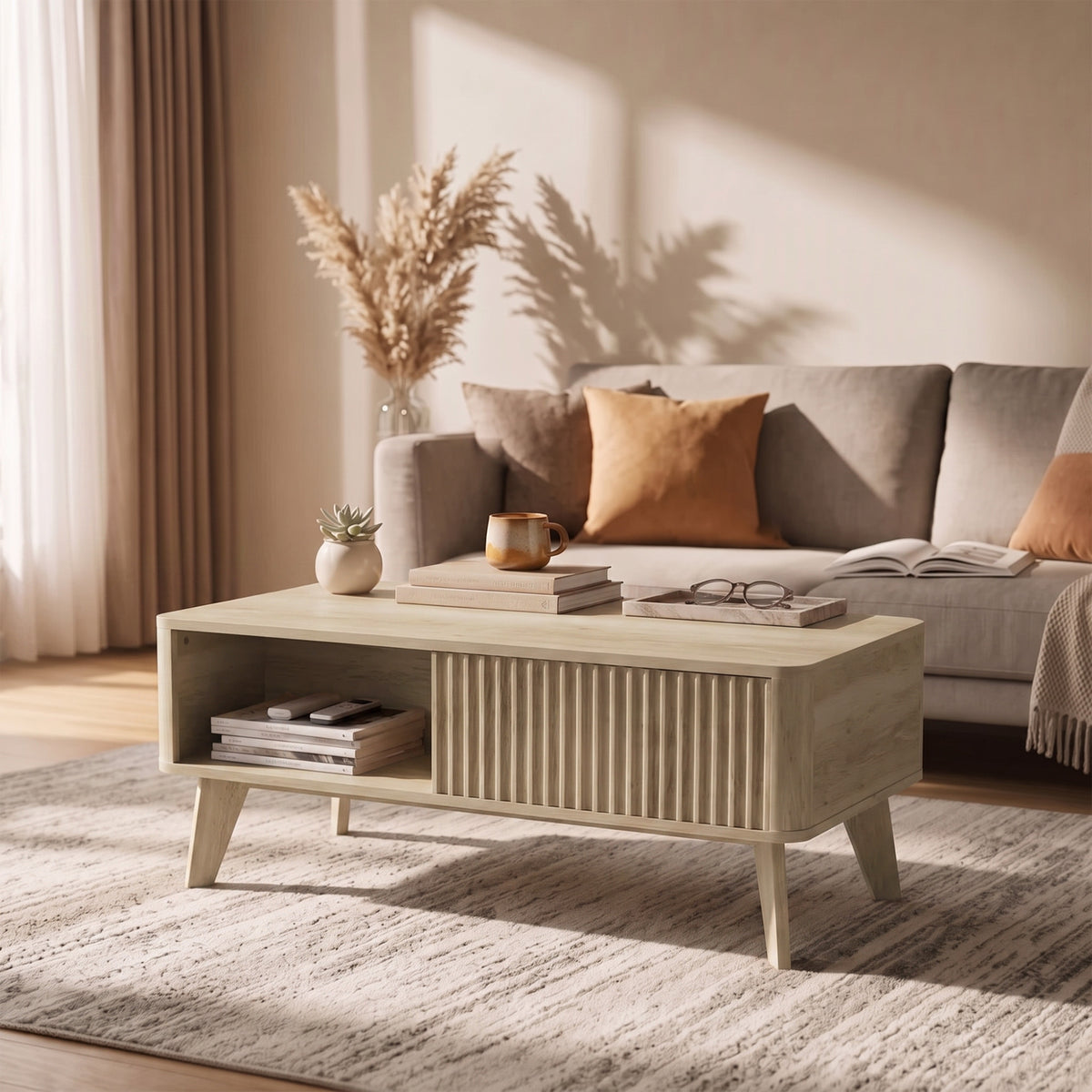 40" Fluted Lift Top Coffee Table with Storage, Mid-Century Modern Coffee Table with Hidden Compartment, Open Shelf and Rounded Corners for Living Room, Oak