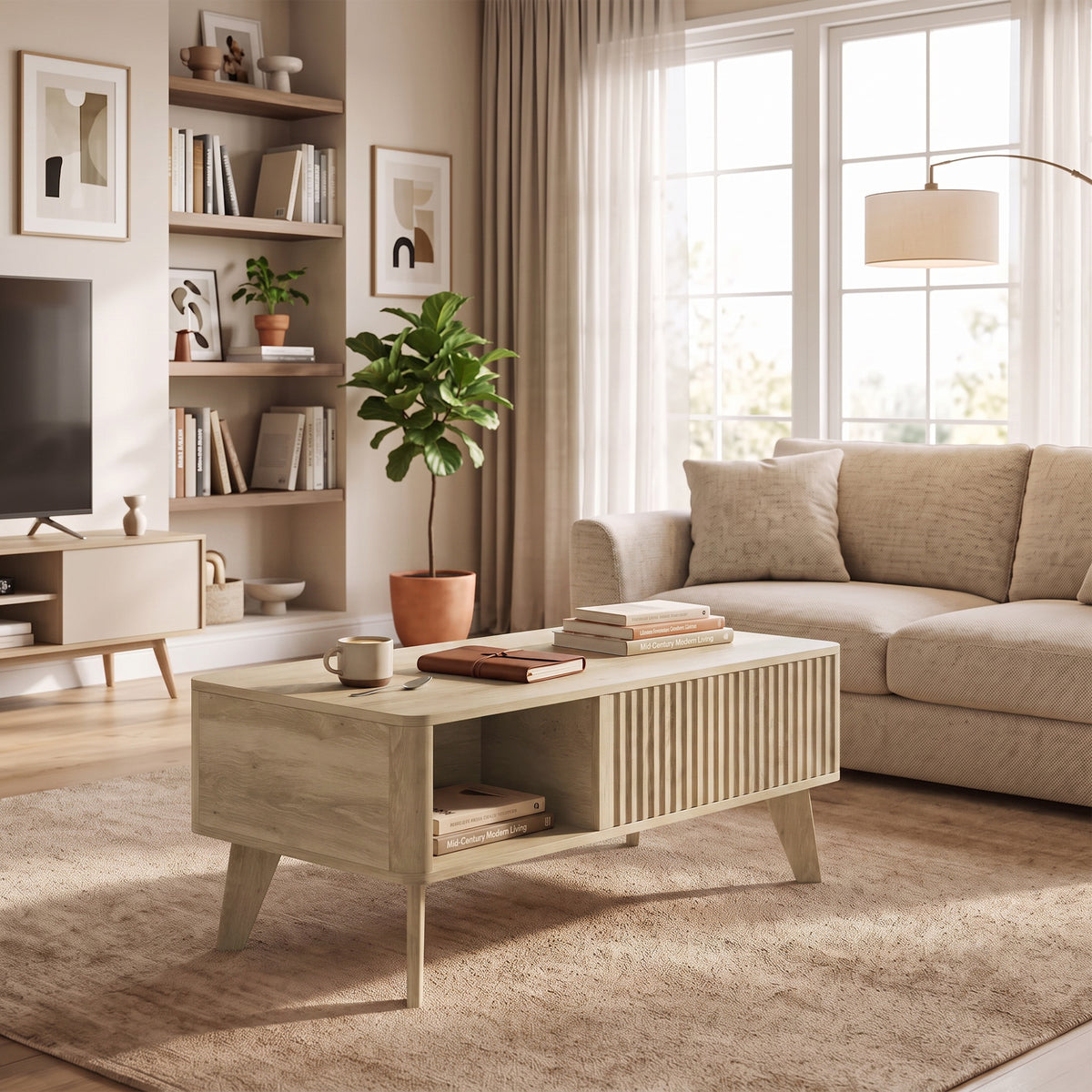40" Fluted Lift Top Coffee Table with Storage, Mid-Century Modern Coffee Table with Hidden Compartment, Open Shelf and Rounded Corners for Living Room, Oak