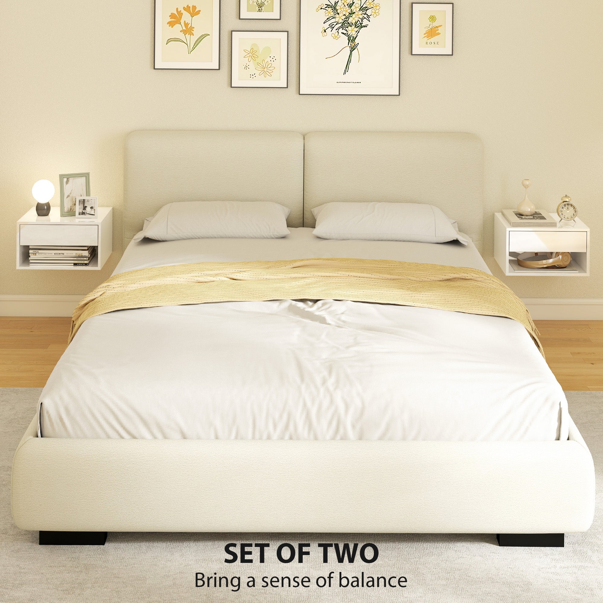 Floating Bedside Tables Set of 2, Wall-Mounted Nightstand with Drawer and Open Shelf for Bedroom, High Gloss White