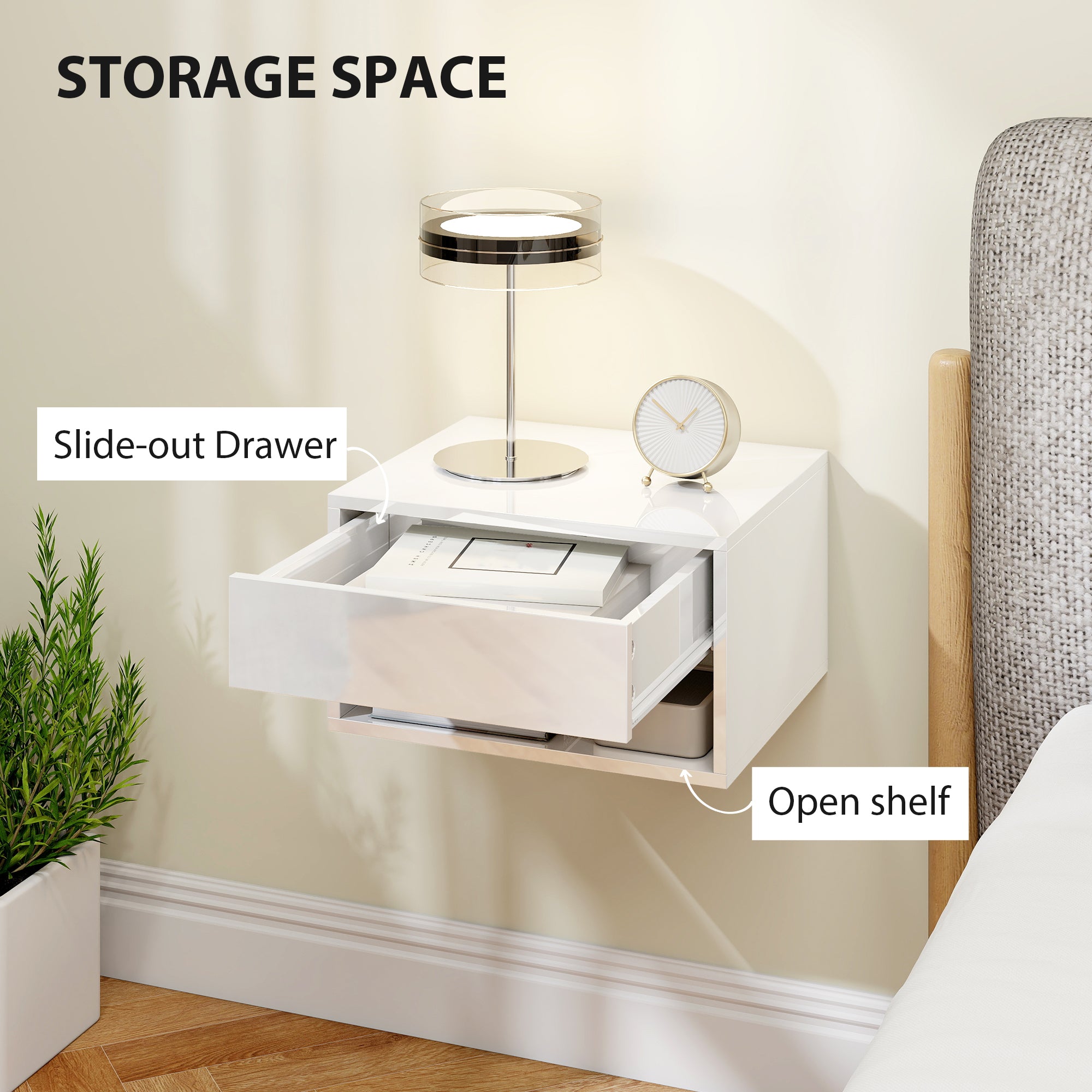 Floating Bedside Tables Set of 2, Wall-Mounted Nightstand with Drawer and Open Shelf for Bedroom, High Gloss White
