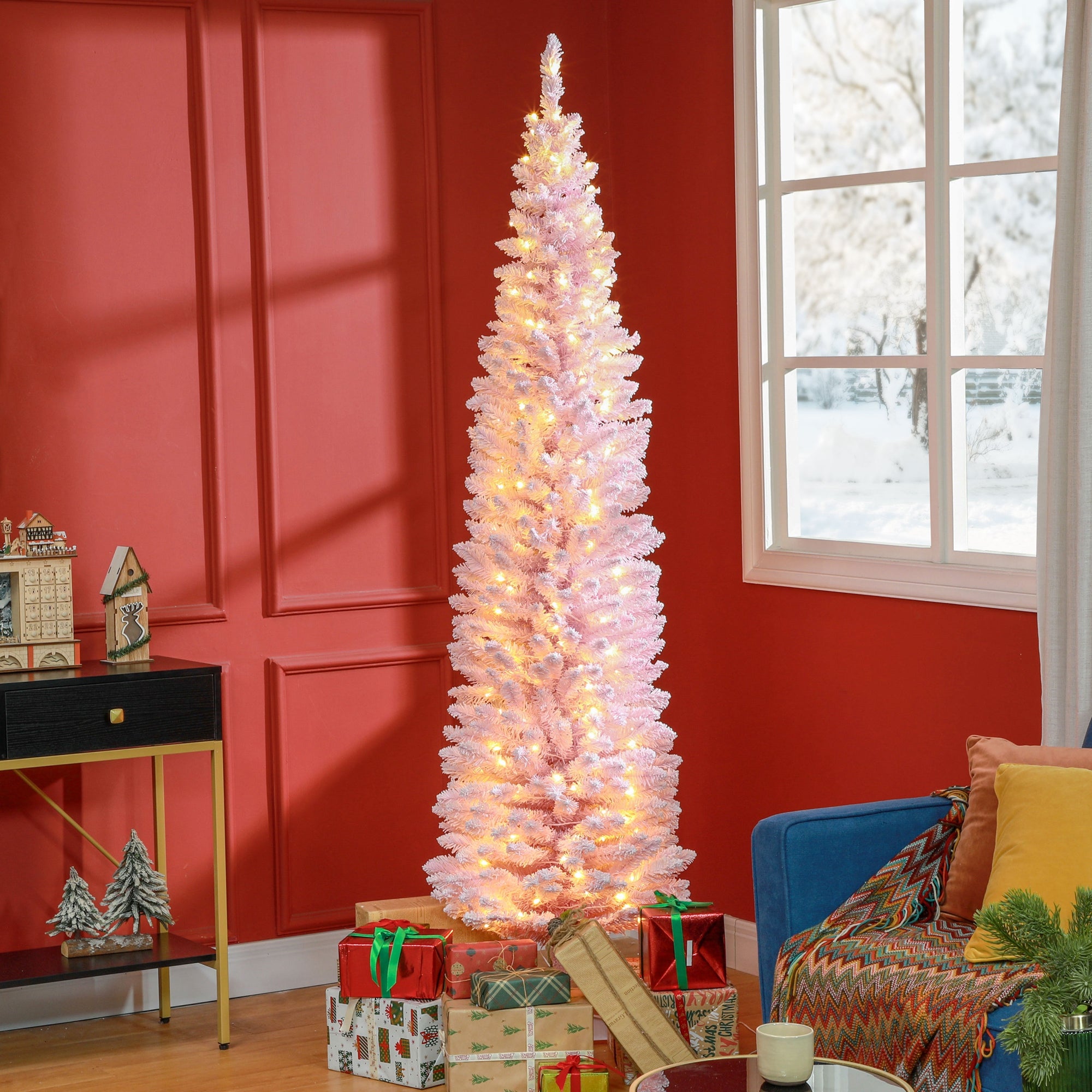 7ft Slim Artificial Pencil Christmas Tree with Realistic Branches & Warm White LEDs, Pink