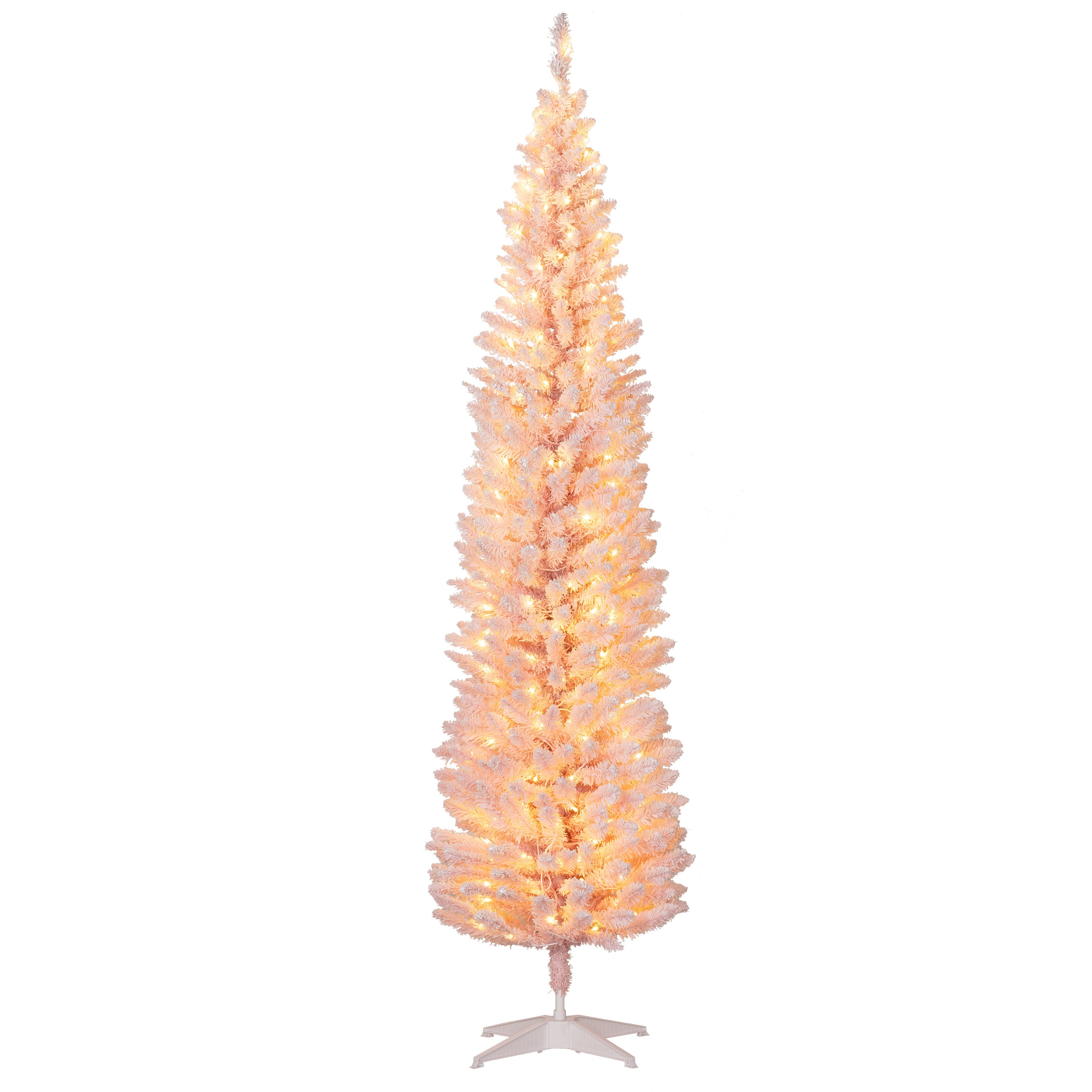 7ft Pencil Christmas Tree Slim Artificial Tree with Snow Flocked Branches & Warm White LED Lights Pink