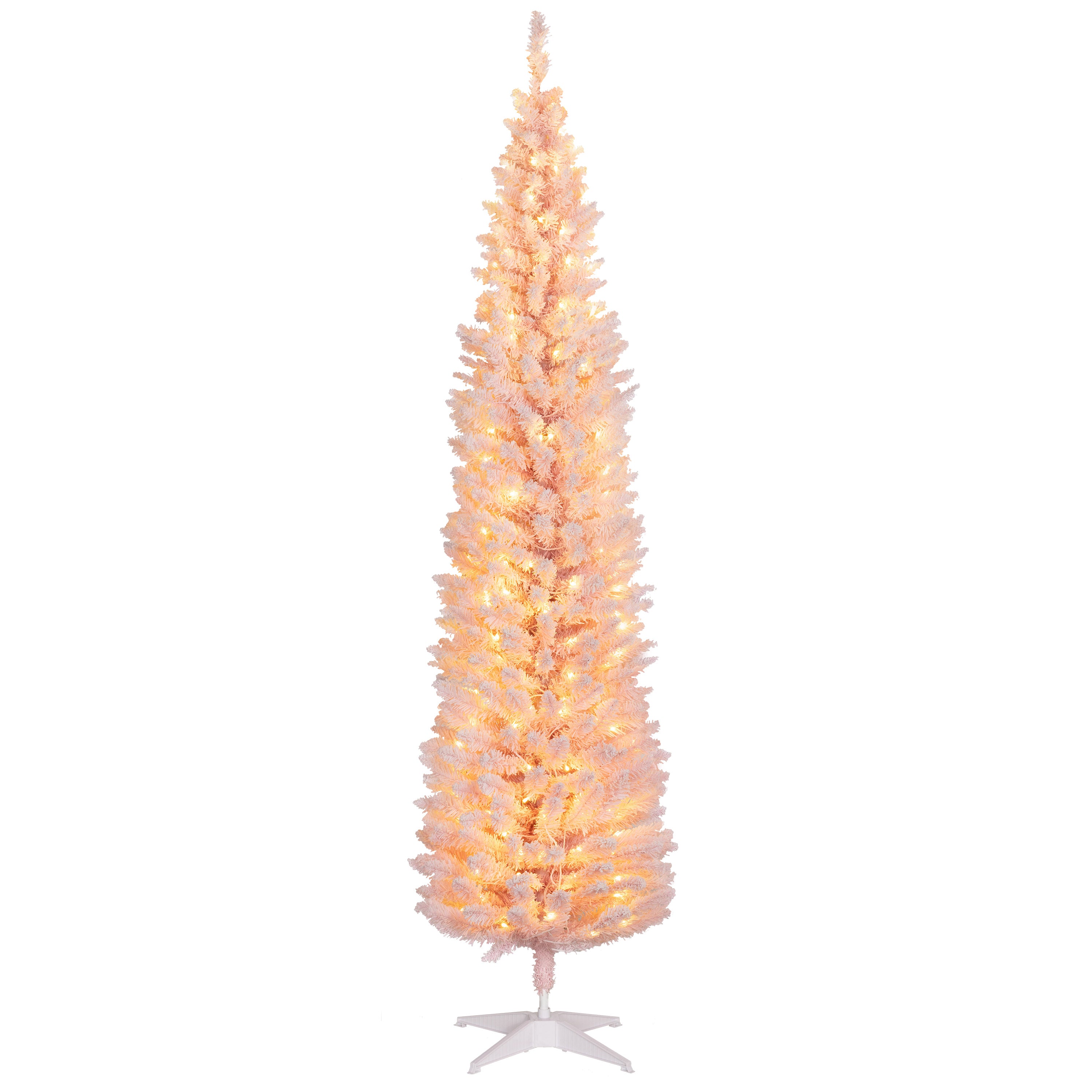 7ft Pencil Christmas Tree Slim Artificial Tree with Snow Flocked Branches & Warm White LED Lights Pink