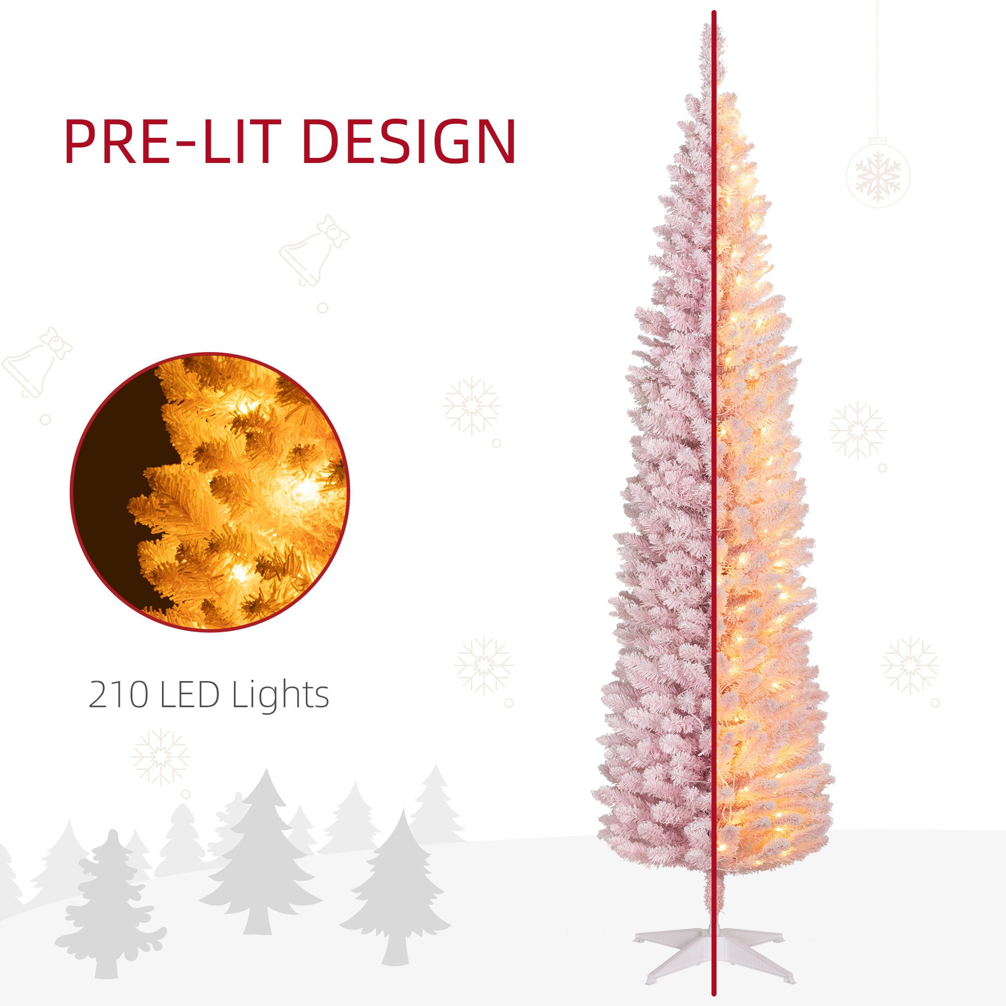 7ft Pencil Christmas Tree Slim Artificial Tree with Snow Flocked Branches & Warm White LED Lights Pink