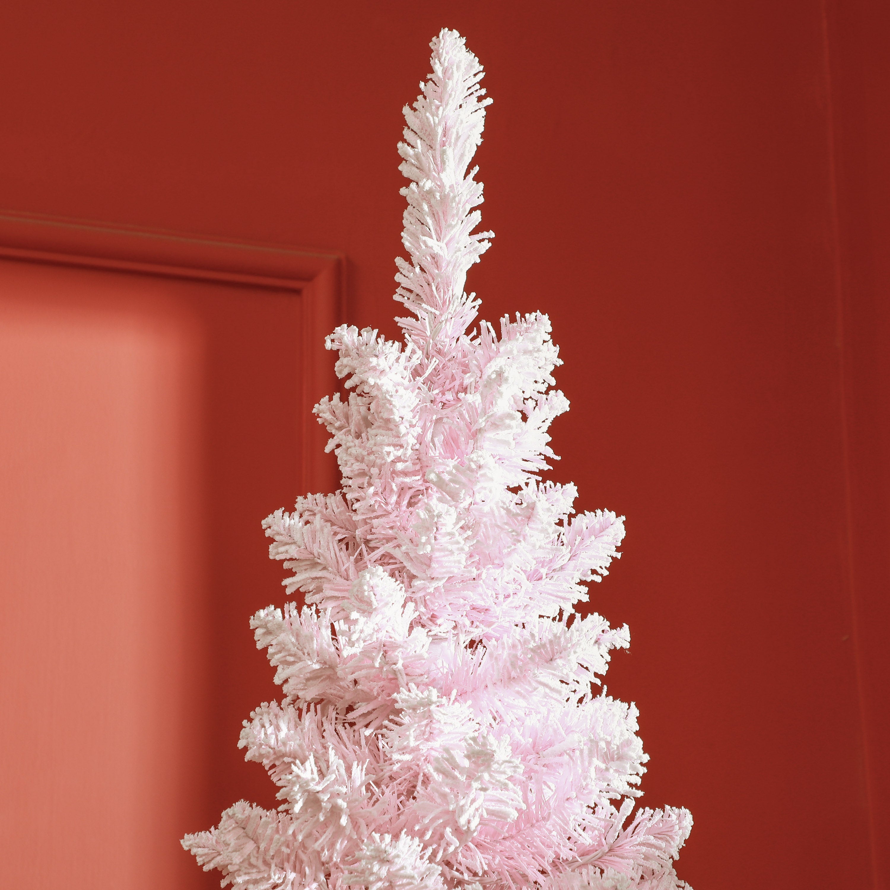 7ft Pencil Christmas Tree Slim Artificial Tree with Snow Flocked Branches & Warm White LED Lights Pink