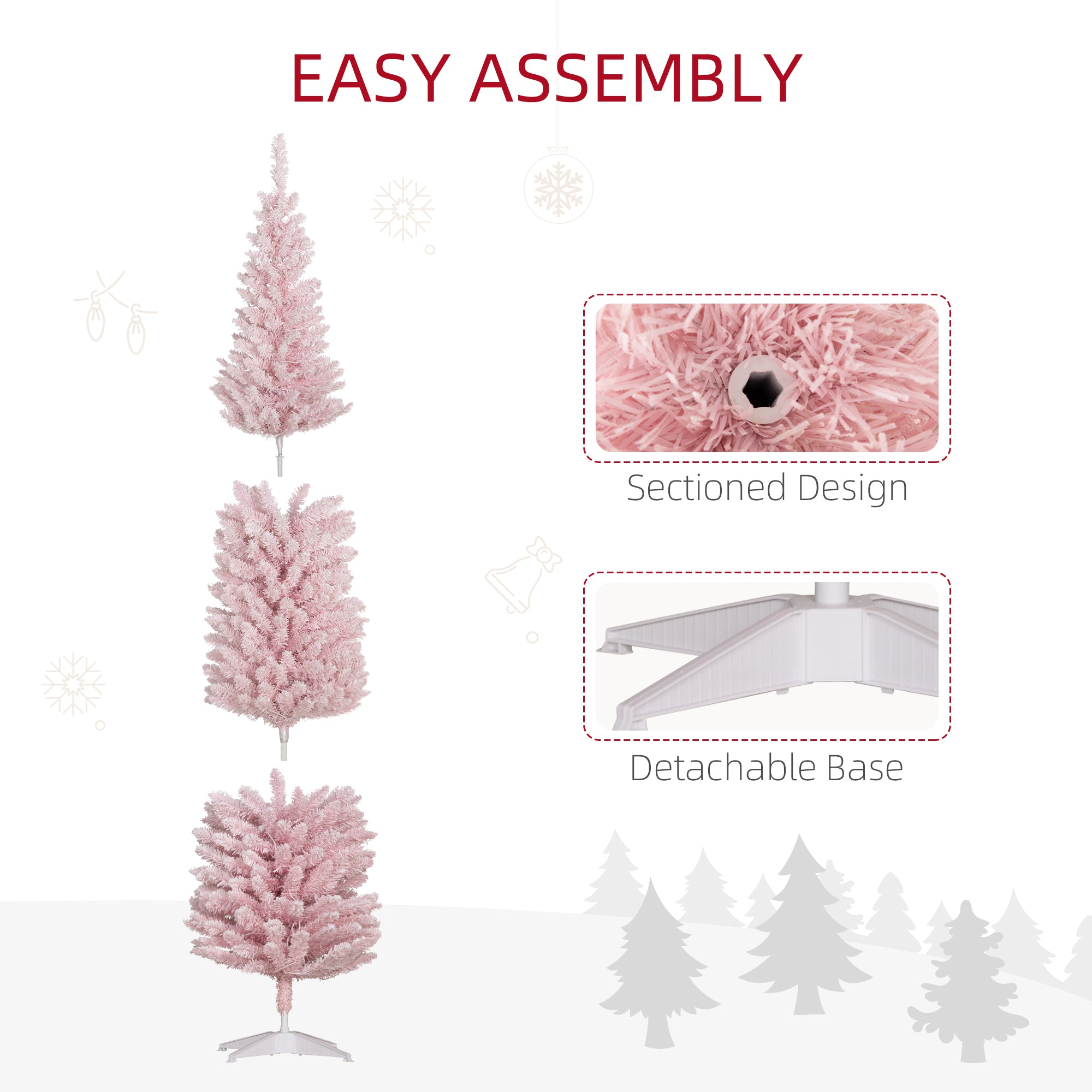 7ft Pencil Christmas Tree Slim Artificial Tree with Snow Flocked Branches & Warm White LED Lights Pink