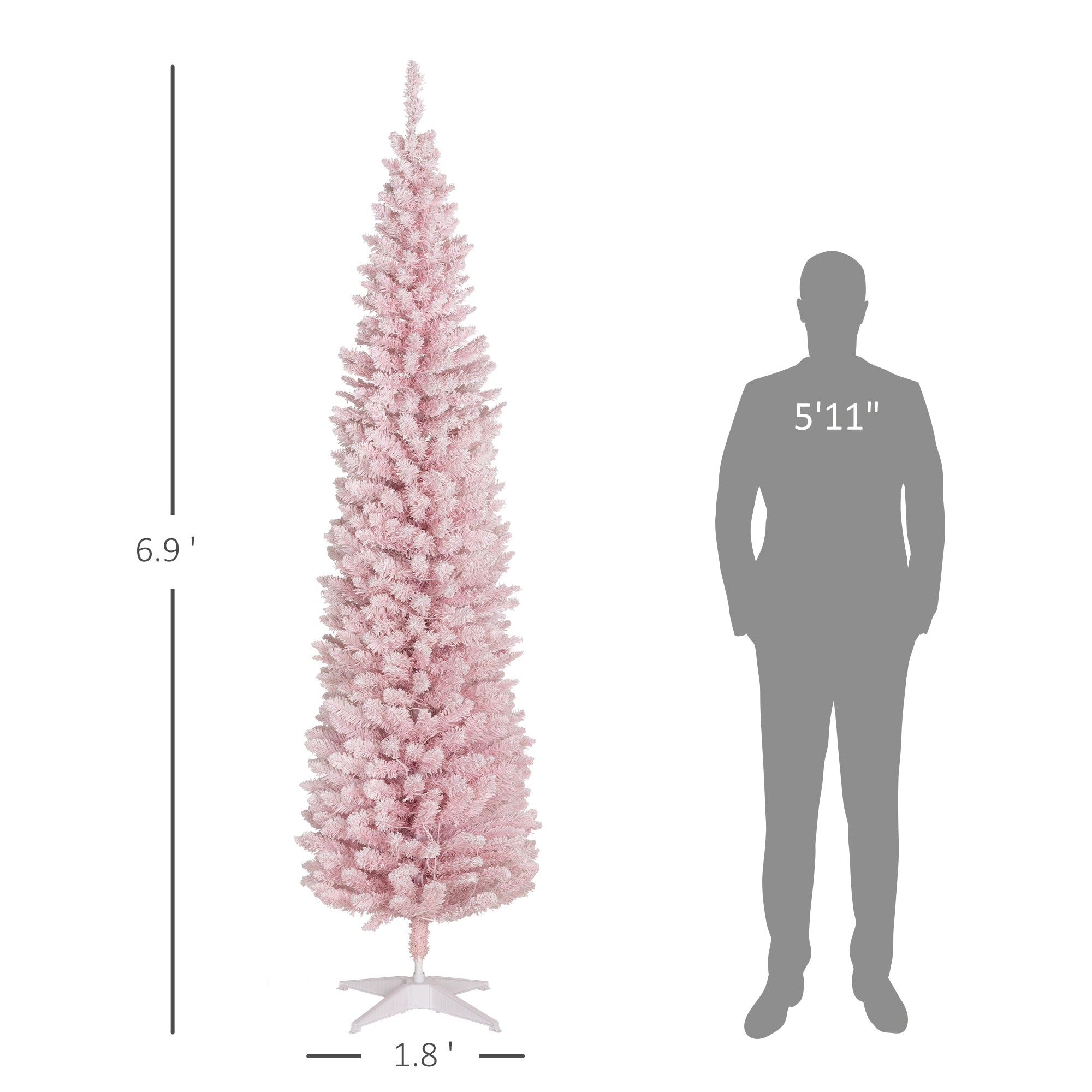 7ft Pencil Christmas Tree Slim Artificial Tree with Snow Flocked Branches & Warm White LED Lights Pink