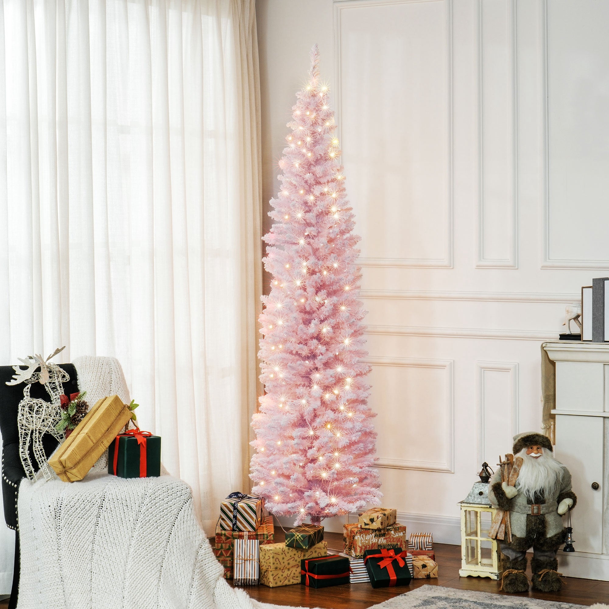 7ft Slim Artificial Pencil Christmas Tree with Realistic Branches & Warm White LEDs, Pink