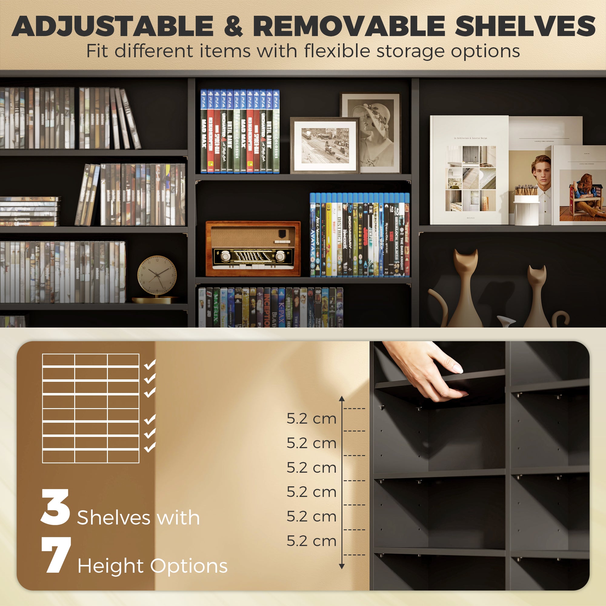 1032 CD/594 DVD Storage Unit, Blu-ray Media Storage Shelf with 24 Compartments and 18 Adjustable Shelves, CD Tower for Living Room, Bedroom, Office, Black