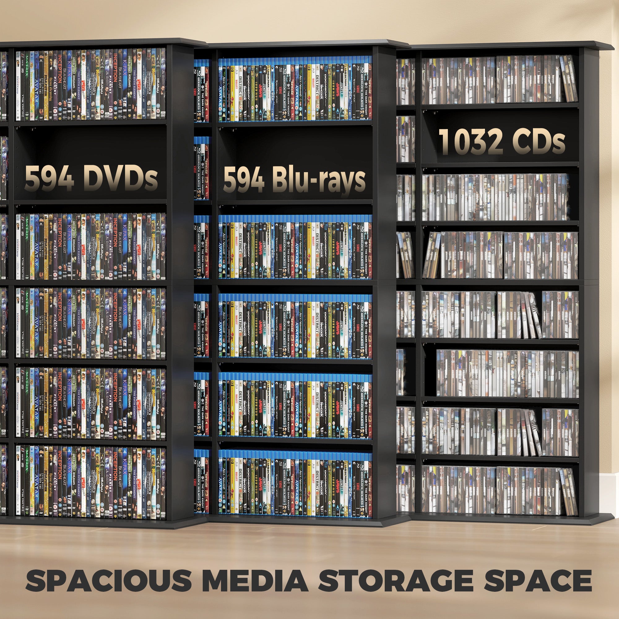 1032 CD/594 DVD Storage Unit, Blu-ray Media Storage Shelf with 24 Compartments and 18 Adjustable Shelves, CD Tower for Living Room, Bedroom, Office, Black