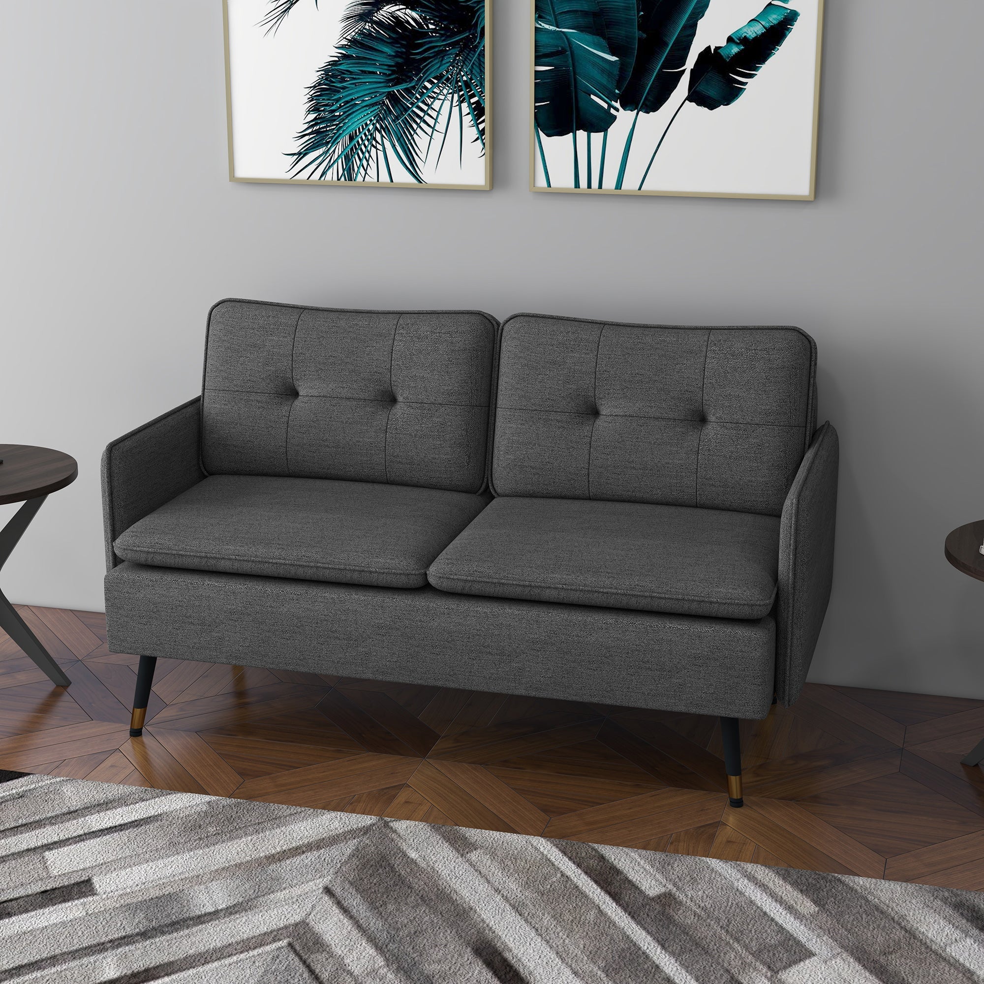 HOMCOM 55" Loveseat Sofa for Bedroom, Modern Love Seats Furniture with Button Tufting, Upholstered Small Couch for Small Space, Dark Grey