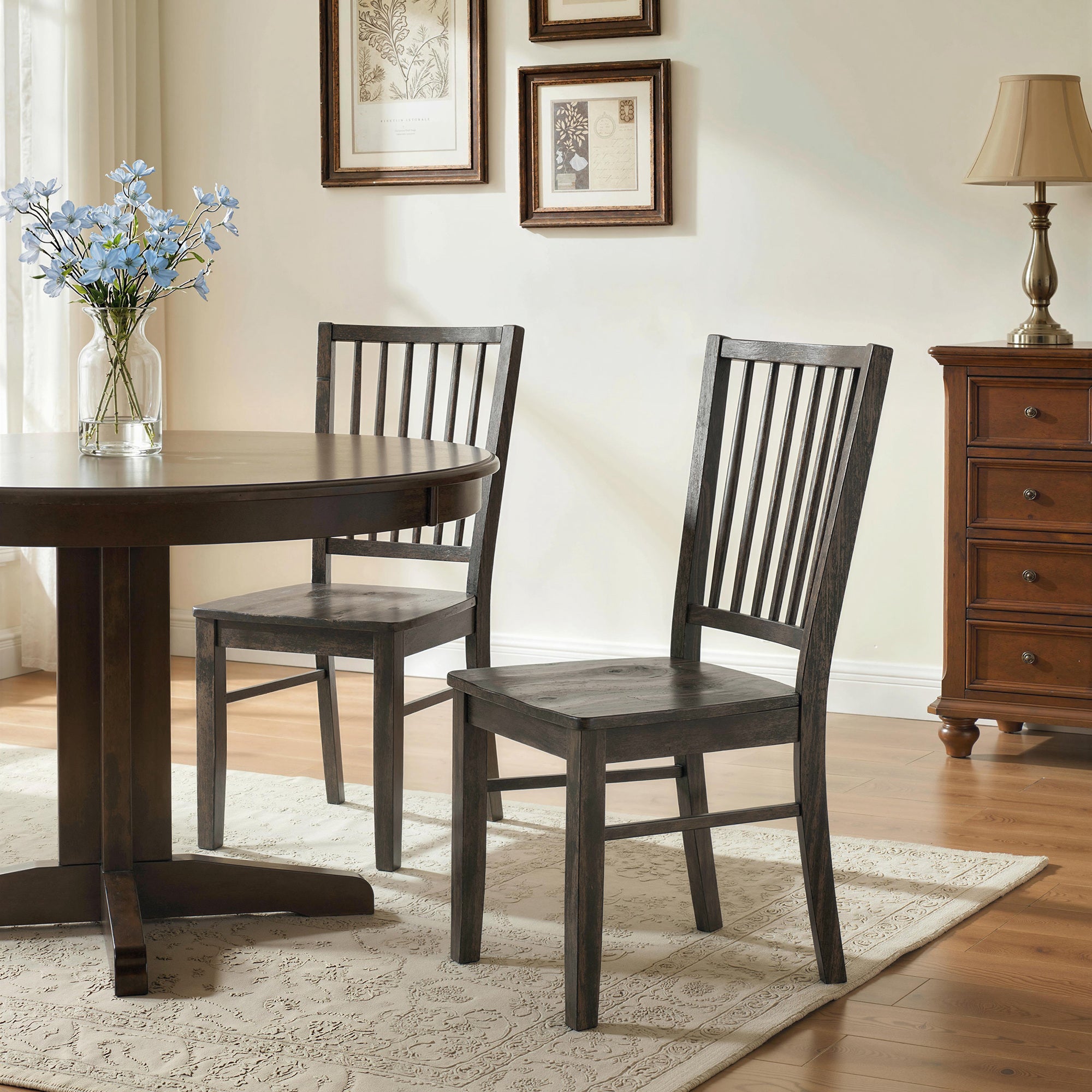 Farmhouse Dining Chairs Set of 2, Ergonomic Solid Wood Armless Kitchen Chairs with Rubberwood Legs for Dining Room, Kitchen, Charcoal Gray