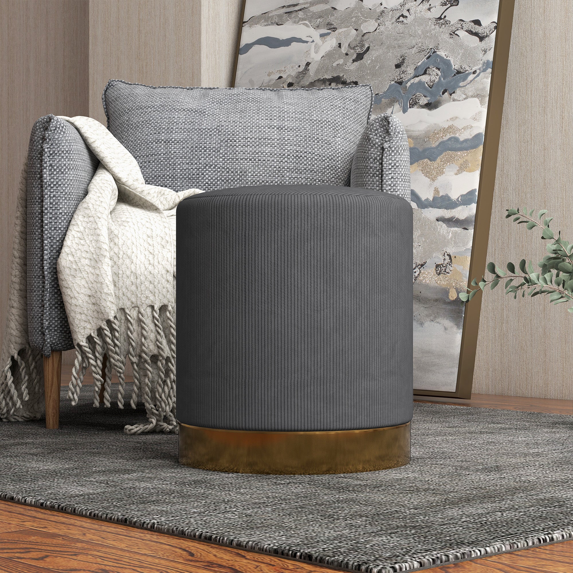 HOMCOM Modern Round Footstool, Corduroy Fabric Upholstered Foot Stool with Padded Seat for Living Room, Entryway, Charcoal Grey