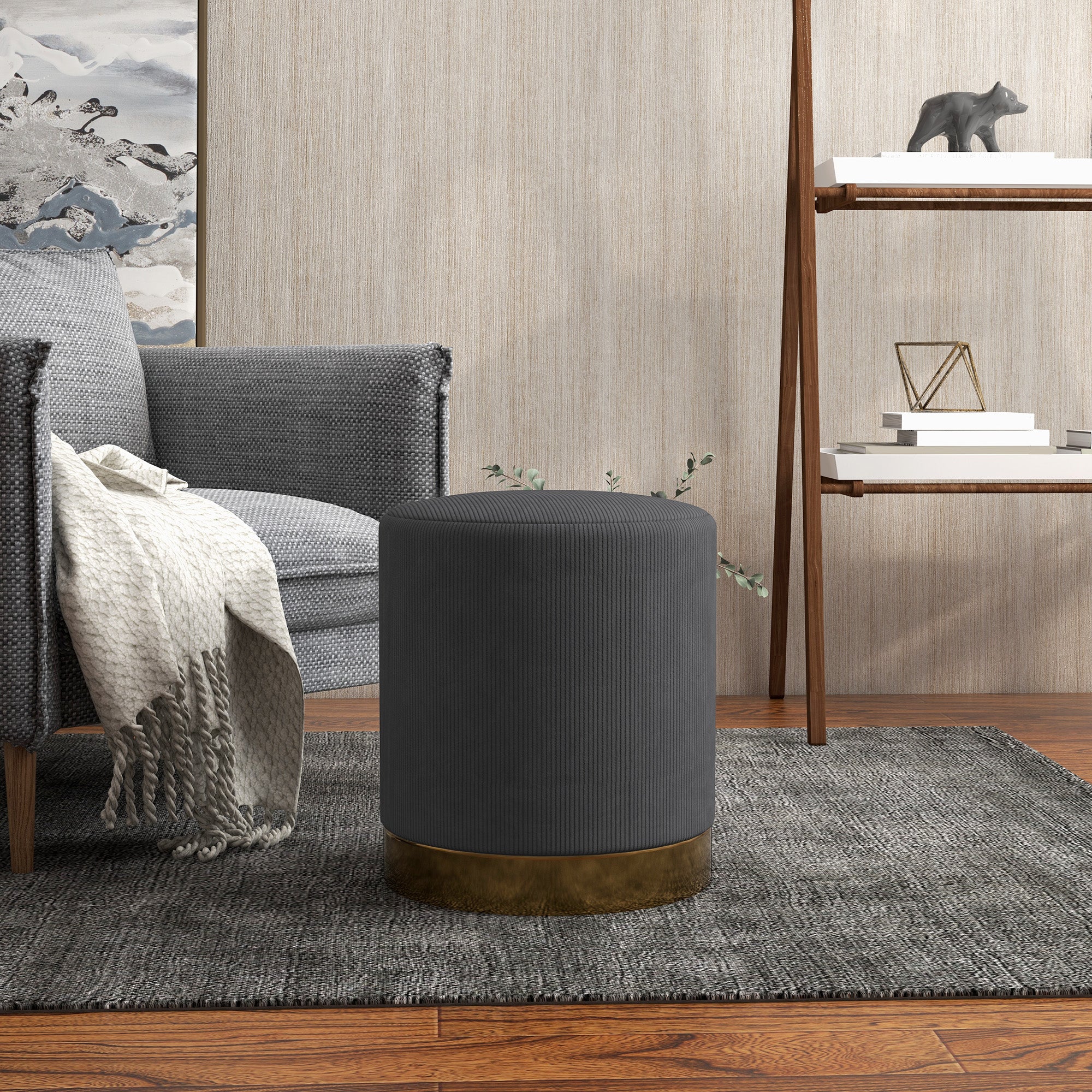 HOMCOM Modern Round Footstool, Corduroy Fabric Upholstered Foot Stool with Padded Seat for Living Room, Entryway, Charcoal Grey