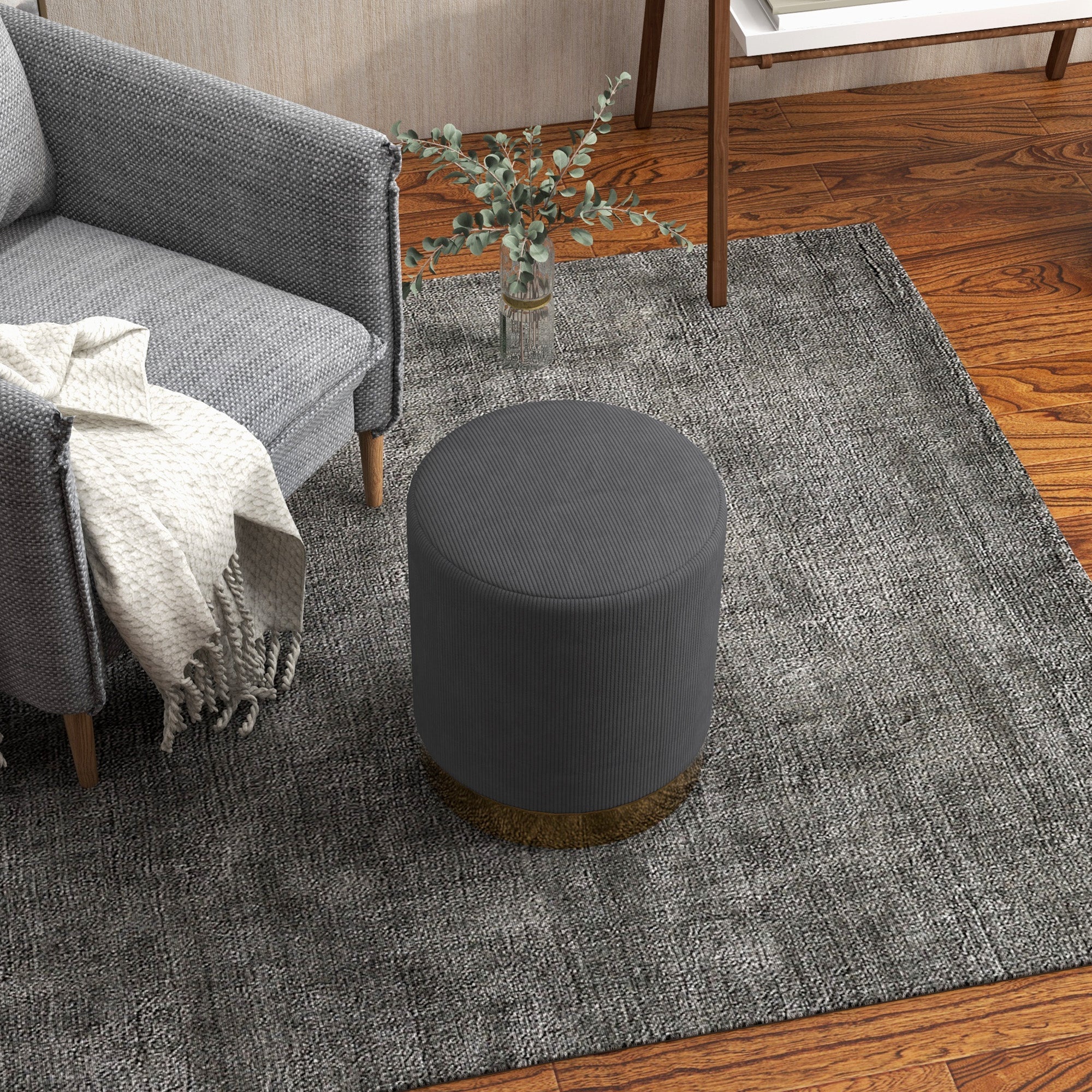 HOMCOM Modern Round Footstool, Corduroy Fabric Upholstered Foot Stool with Padded Seat for Living Room, Entryway, Charcoal Grey