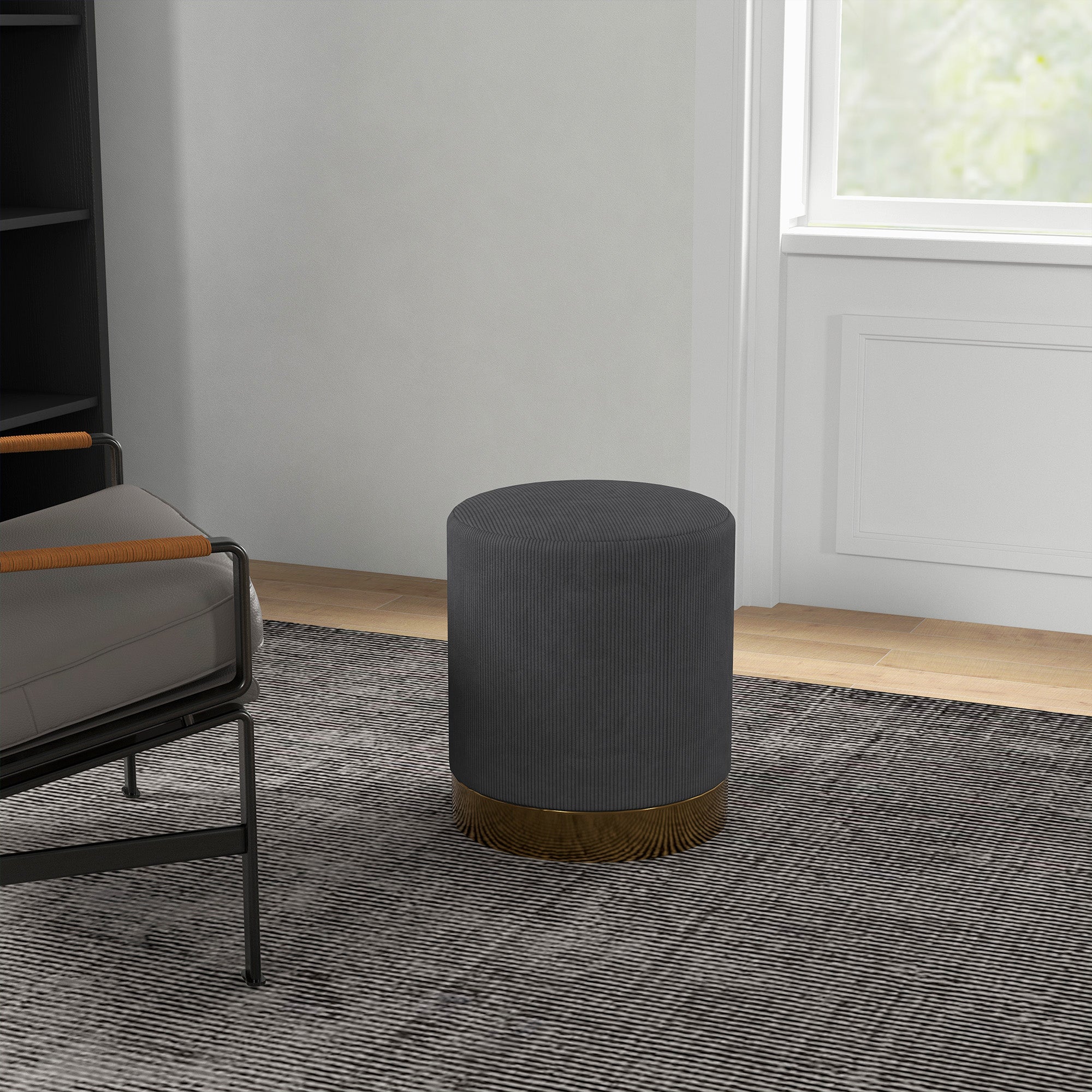 HOMCOM Modern Round Footstool, Corduroy Fabric Upholstered Foot Stool with Padded Seat for Living Room, Entryway, Charcoal Grey