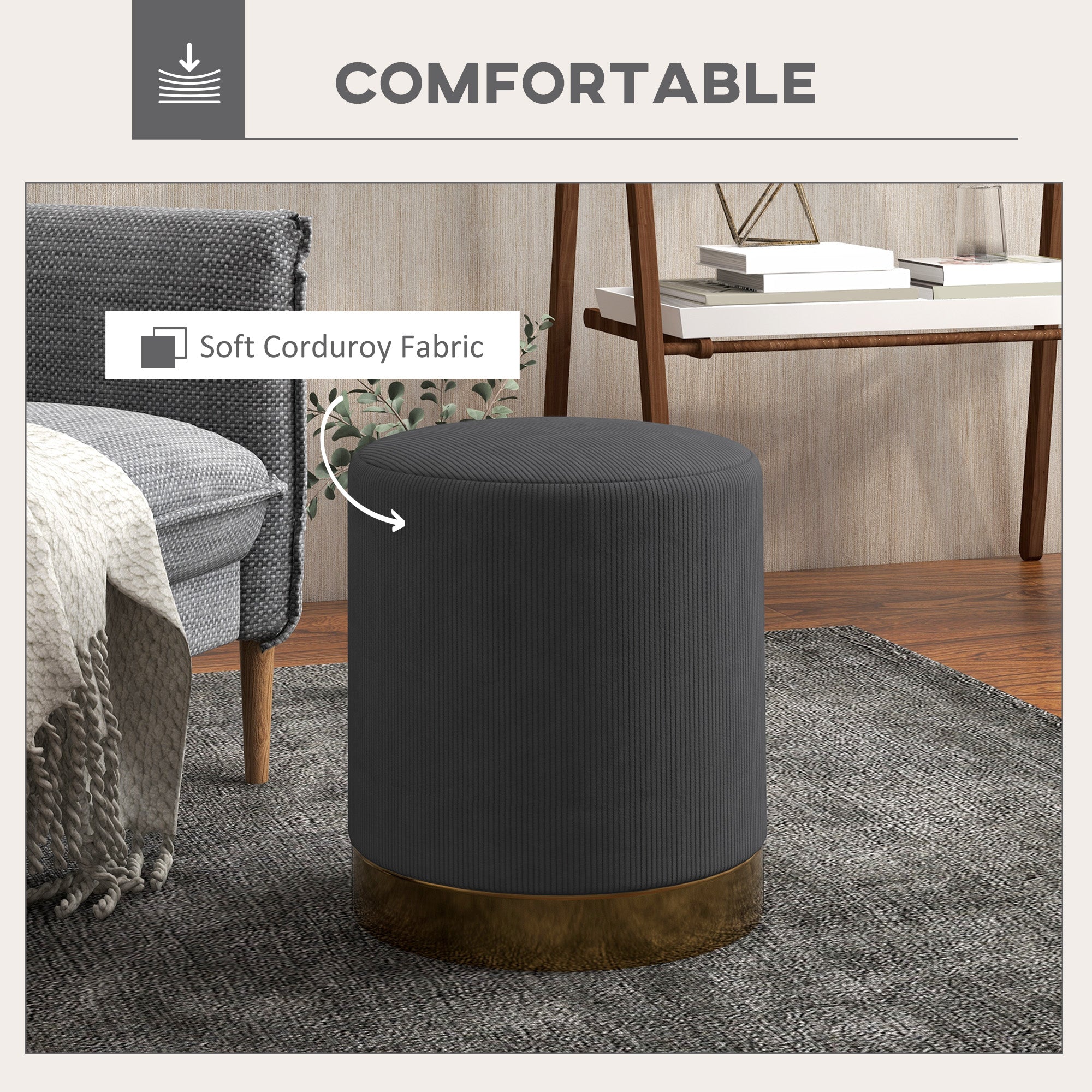 HOMCOM Modern Round Footstool, Corduroy Fabric Upholstered Foot Stool with Padded Seat for Living Room, Entryway, Charcoal Grey