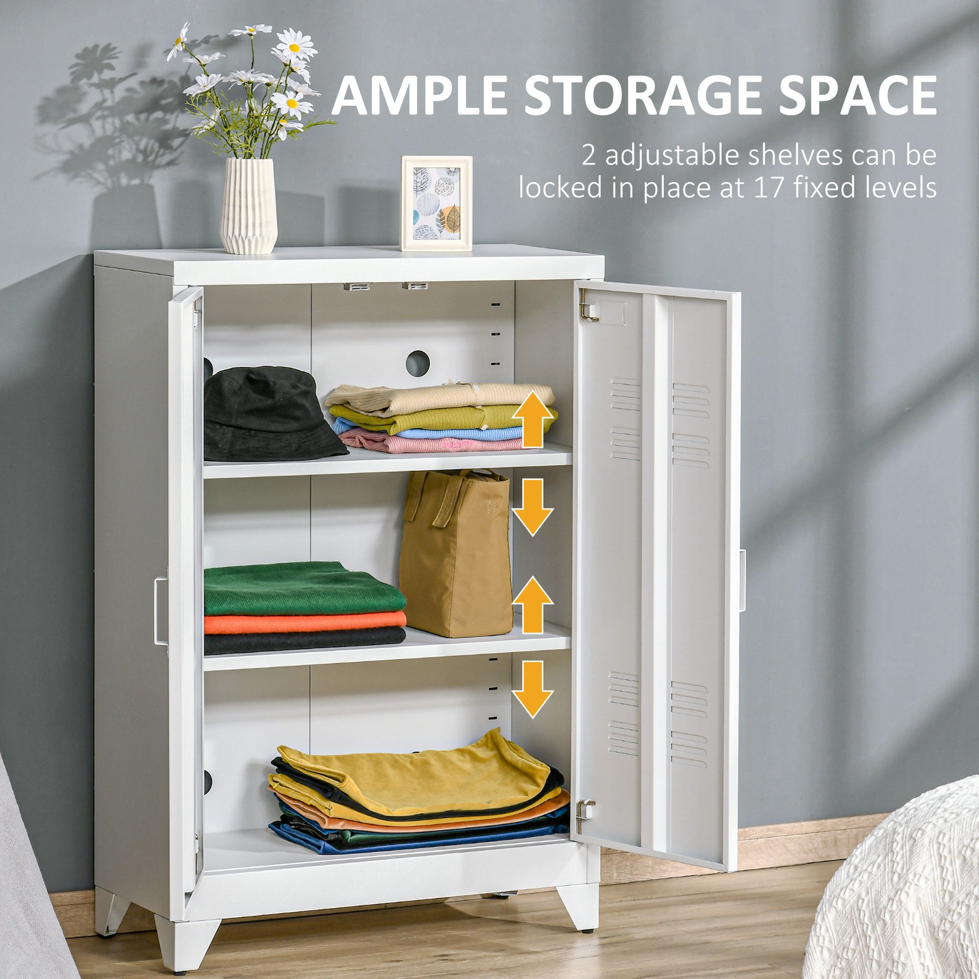 Industrial Storage Cabinet Steel Garage Cabinet with Double Doors and Adjustable Shelves White