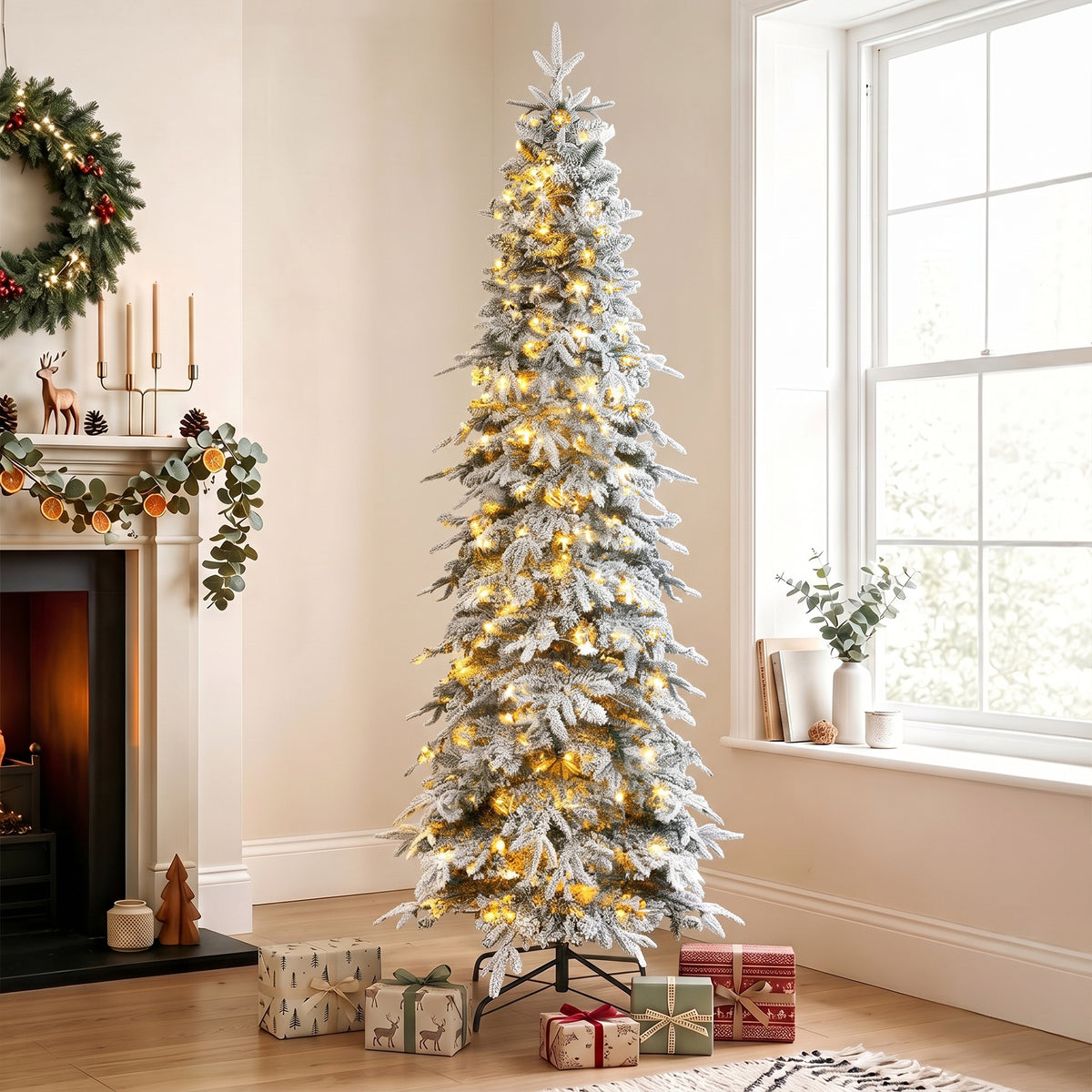 6ft Prelit Flocked Christmas Tree, Artificial Pencil Hinged Xmas Tree with Slim Downswept Shape, 280 Warm White LED Lights, 8 Modes, Daily Timer, 600 Tips, Remote, Steel Stand, Green White