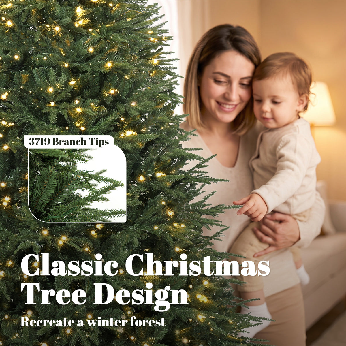 7.5ft Pre-lit Classic Artificial Christmas Tree, Hinged Realistic Xmas Tree with 3,719 Branch Tips, 1000 Warm White LED Lights, Foldable Metal Stand, Home Office, Party Decoration, Green