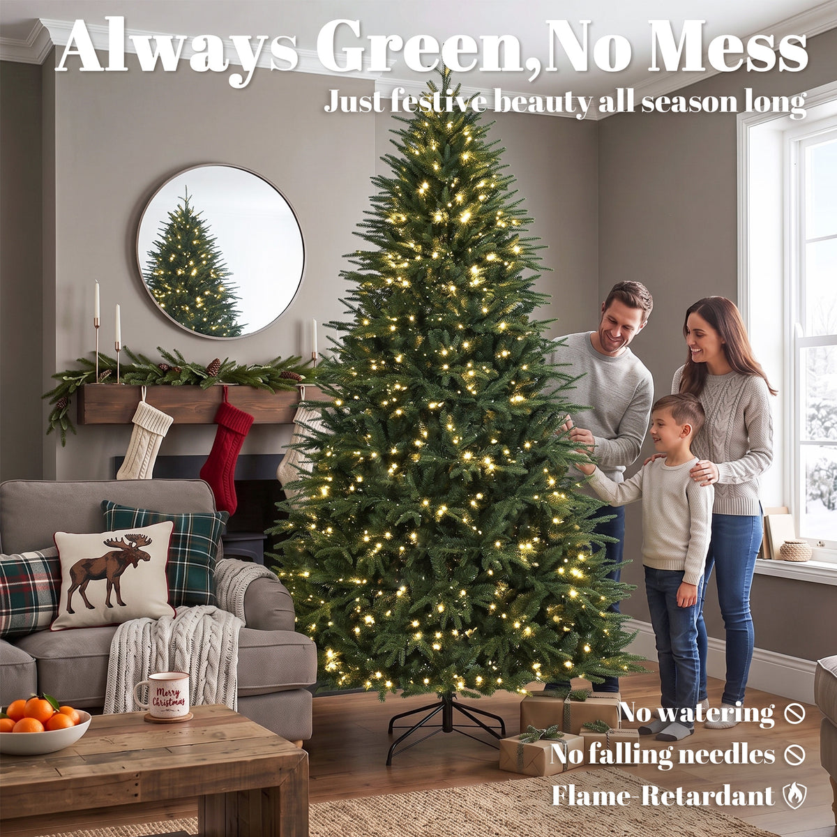 7.5ft Pre-lit Classic Artificial Christmas Tree, Hinged Realistic Xmas Tree with 3,719 Branch Tips, 1000 Warm White LED Lights, Foldable Metal Stand, Home Office, Party Decoration, Green