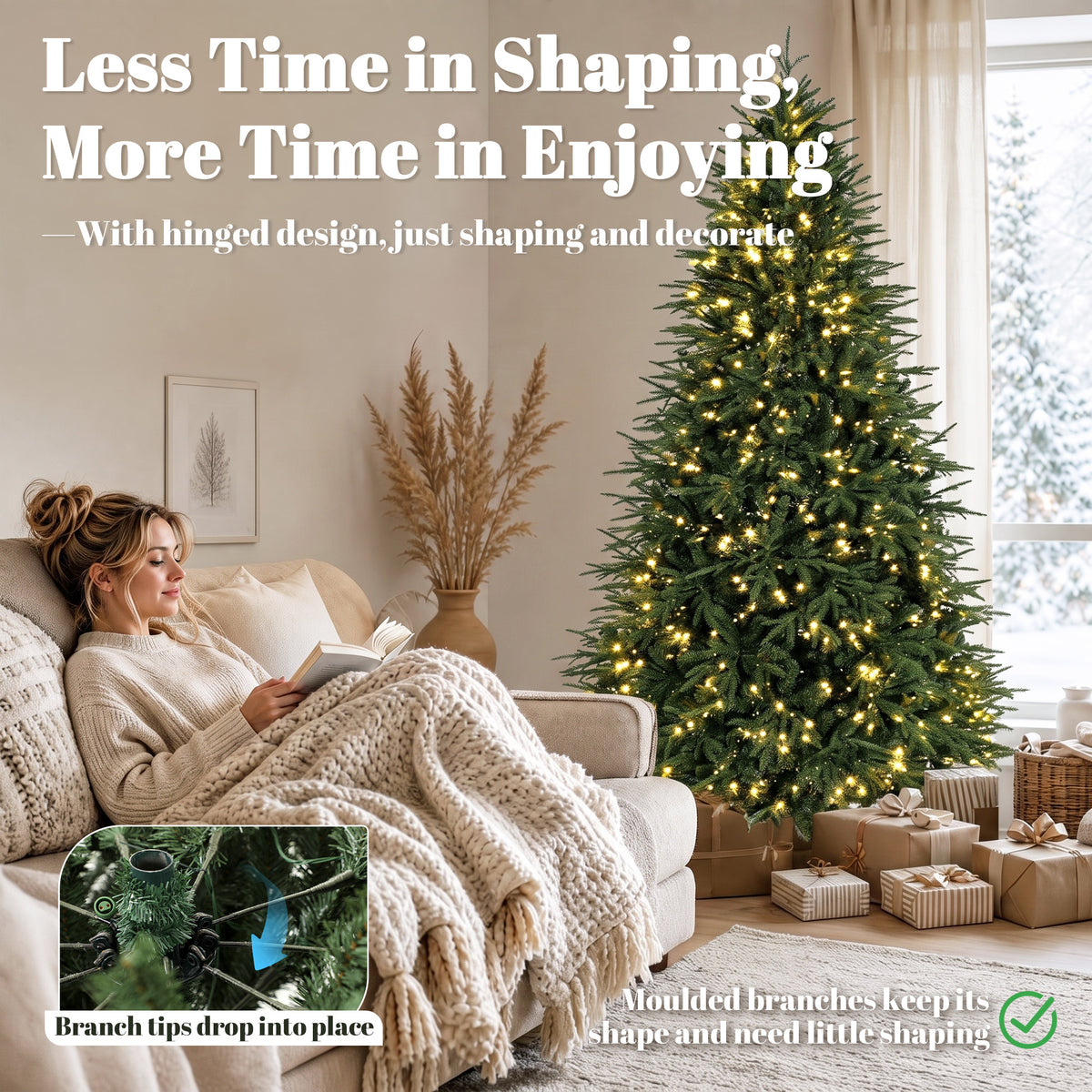 7.5ft Pre-lit Classic Artificial Christmas Tree, Hinged Realistic Xmas Tree with 3,719 Branch Tips, 1000 Warm White LED Lights, Foldable Metal Stand, Home Office, Party Decoration, Green