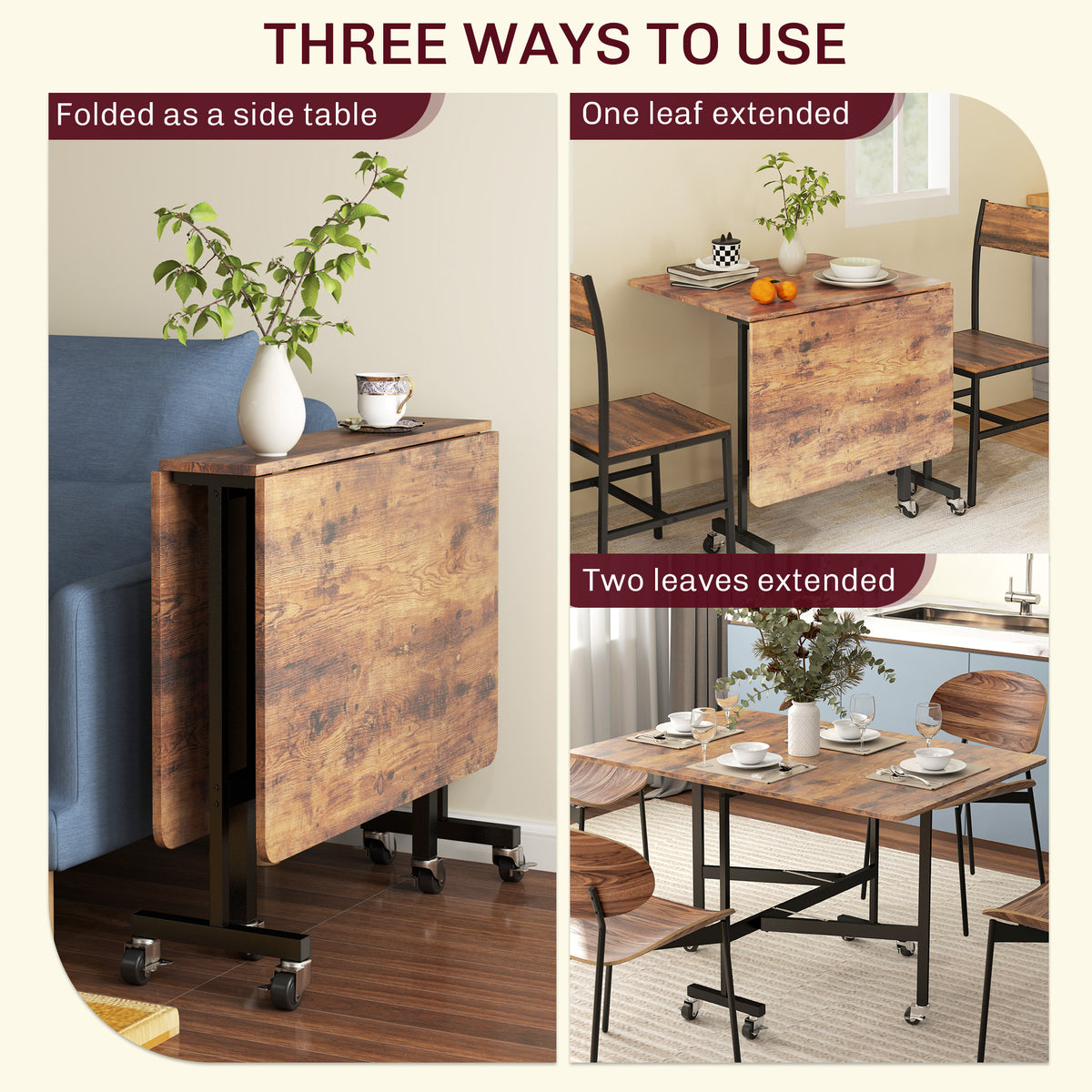Mobile Drop Leaf Table, Folding Dining Table with 6 Wheels & Brakes, Rolling Kitchen Table for Small Spaces, 47.2", Rustic Brown