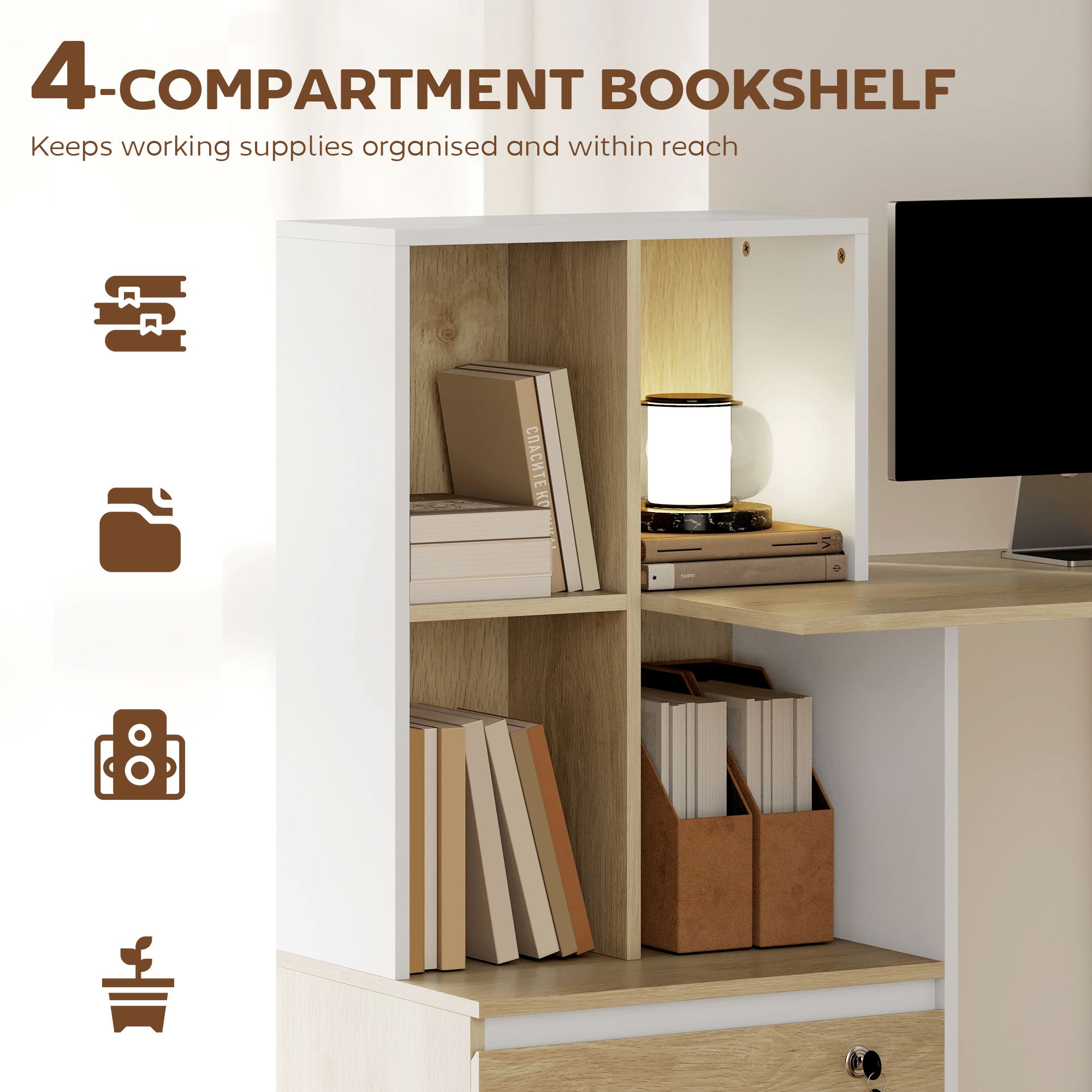 126 cm Computer Desk, Home Office Desk with Bookshelf and Lockable Drawer, Adjustable Hanging Rails for A4 and Letter Size Files, Small Writing Table for Bedroom, Study Room, Oak Wood Effect