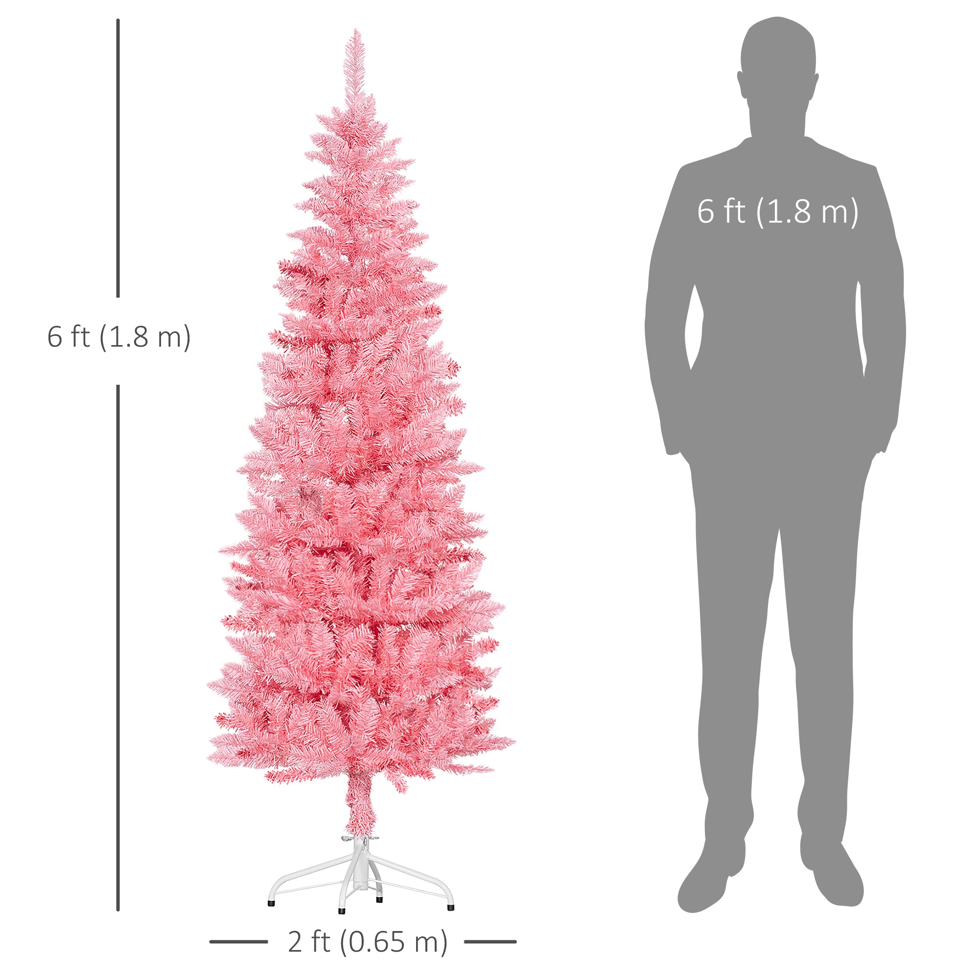 HOMCOM 6ft Tall Pencil Christmas Tree, Artificial Xmas Tree with 479 Branch Tips and Steel Base, Holiday Décor for Home Office, Pink