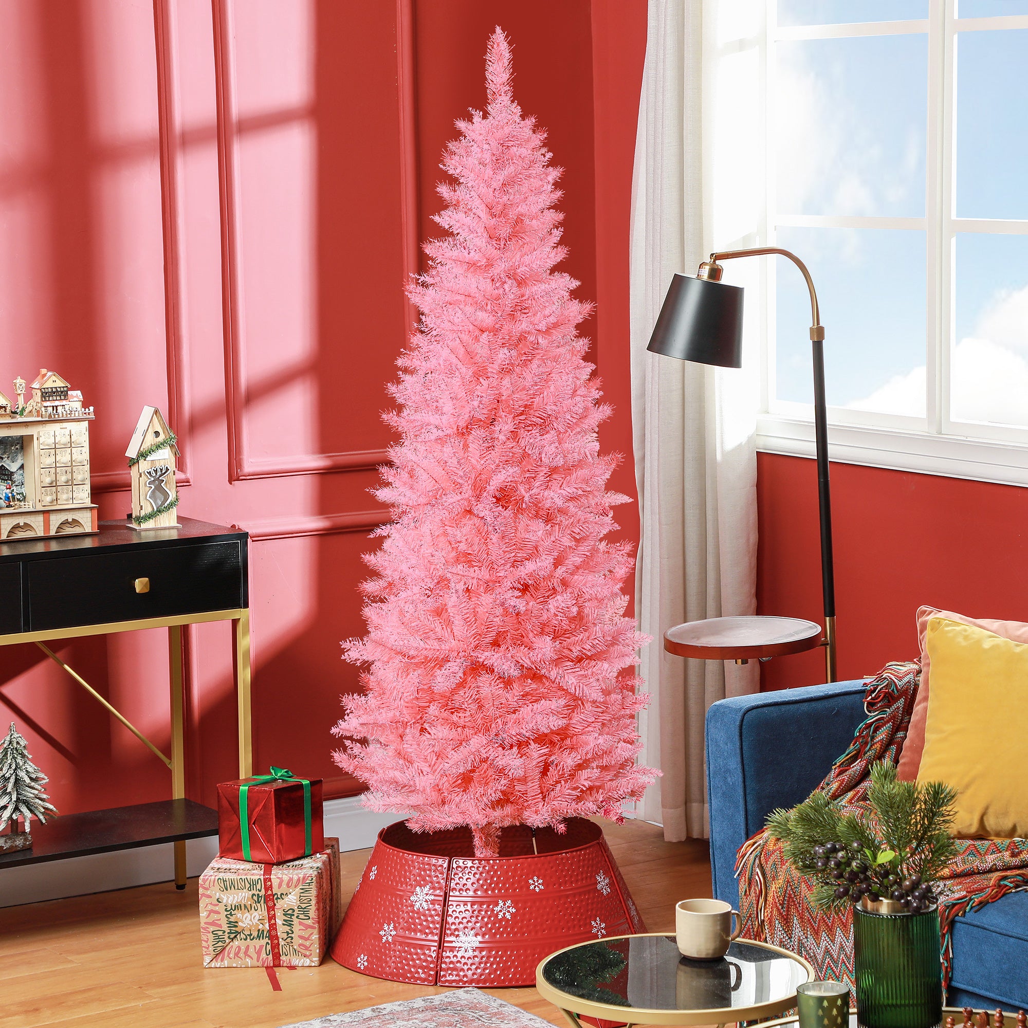 HOMCOM 6ft Tall Pencil Christmas Tree, Artificial Xmas Tree with 479 Branch Tips and Steel Base, Holiday Décor for Home Office, Pink