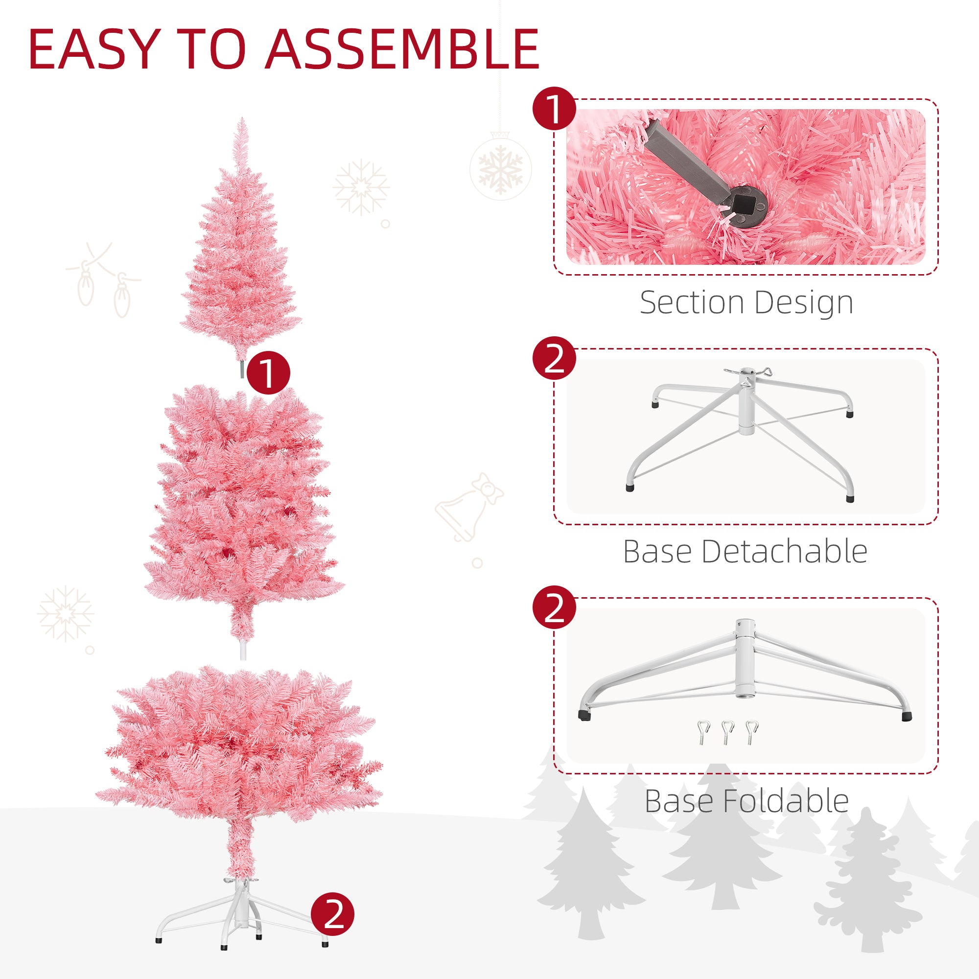 HOMCOM 6ft Tall Pencil Christmas Tree, Artificial Xmas Tree with 479 Branch Tips and Steel Base, Holiday Décor for Home Office, Pink