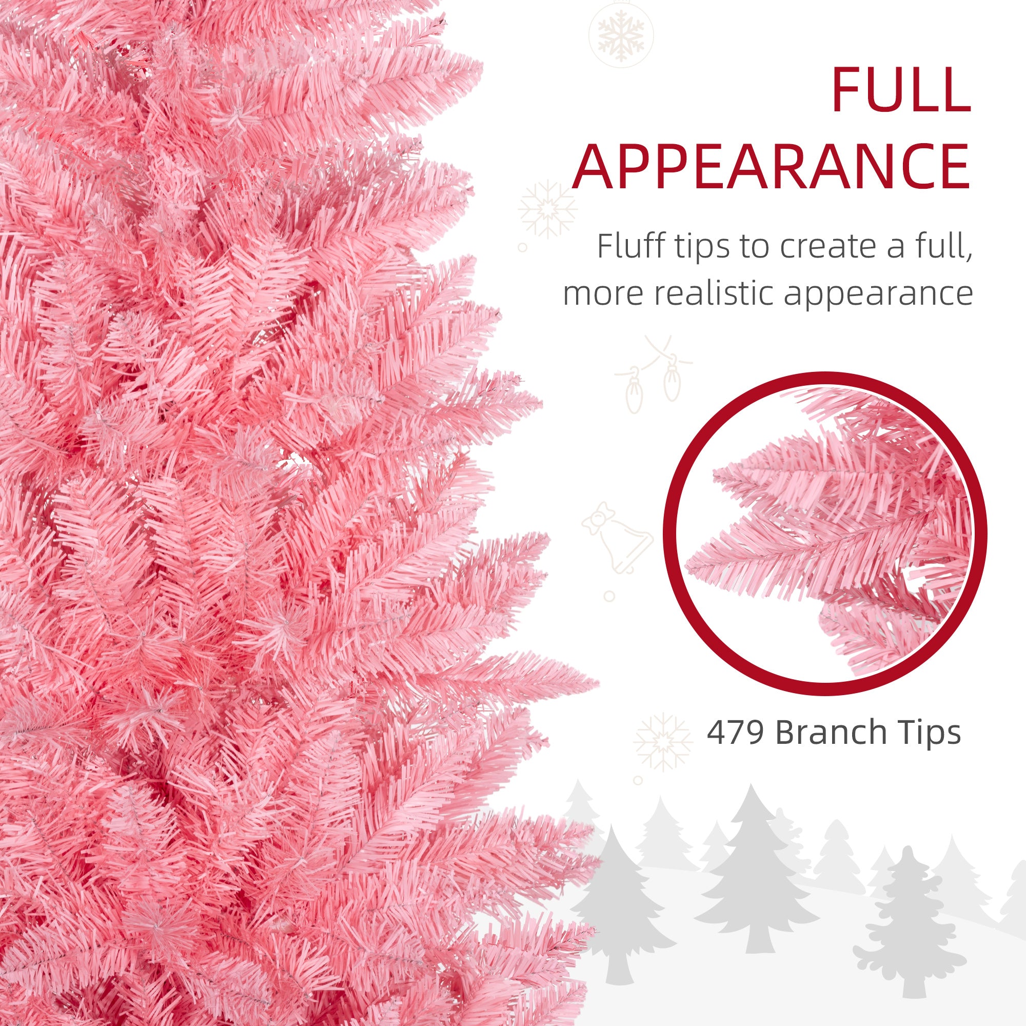 HOMCOM 6ft Tall Pencil Christmas Tree, Artificial Xmas Tree with 479 Branch Tips and Steel Base, Holiday Décor for Home Office, Pink