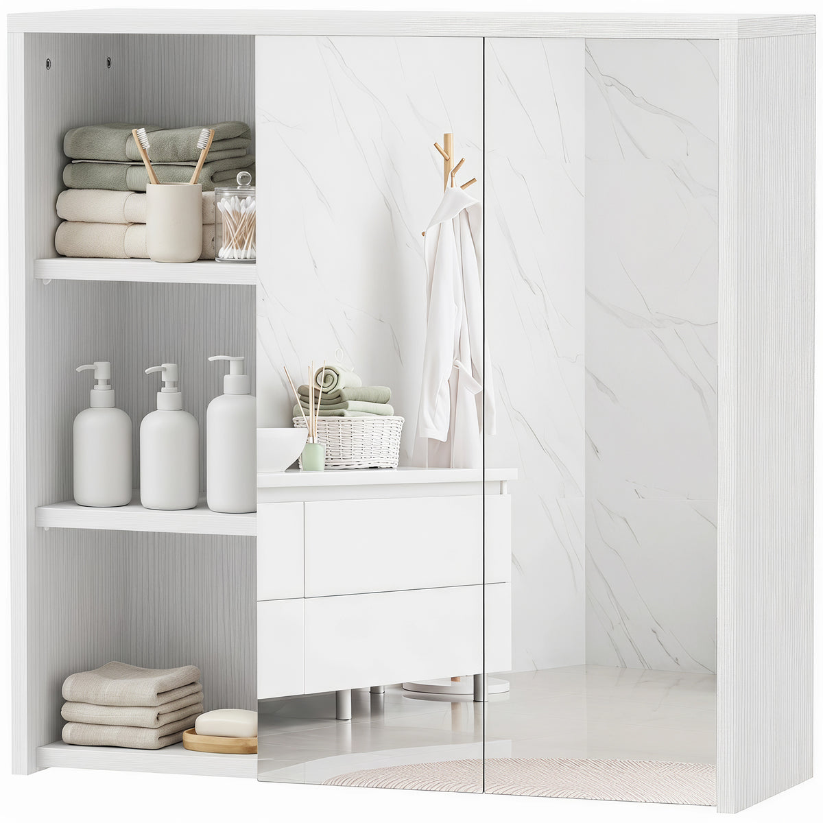 Bathroom Medicine Cabinet with Mirror, Wall Mount Mirror Cabinet with Open Shelves, 2 Soft-Close Doors, Bathroom Storage Organizer, White Wood Grain
